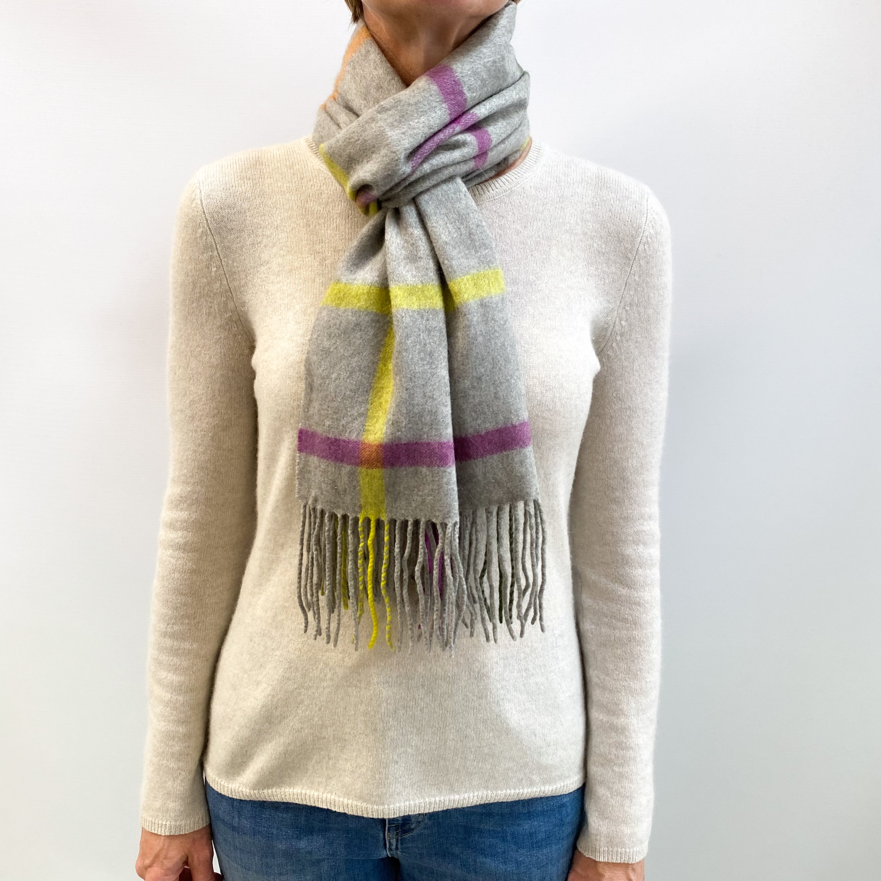 Smoke Grey Checked Fringed Cashmere Woven Scarf