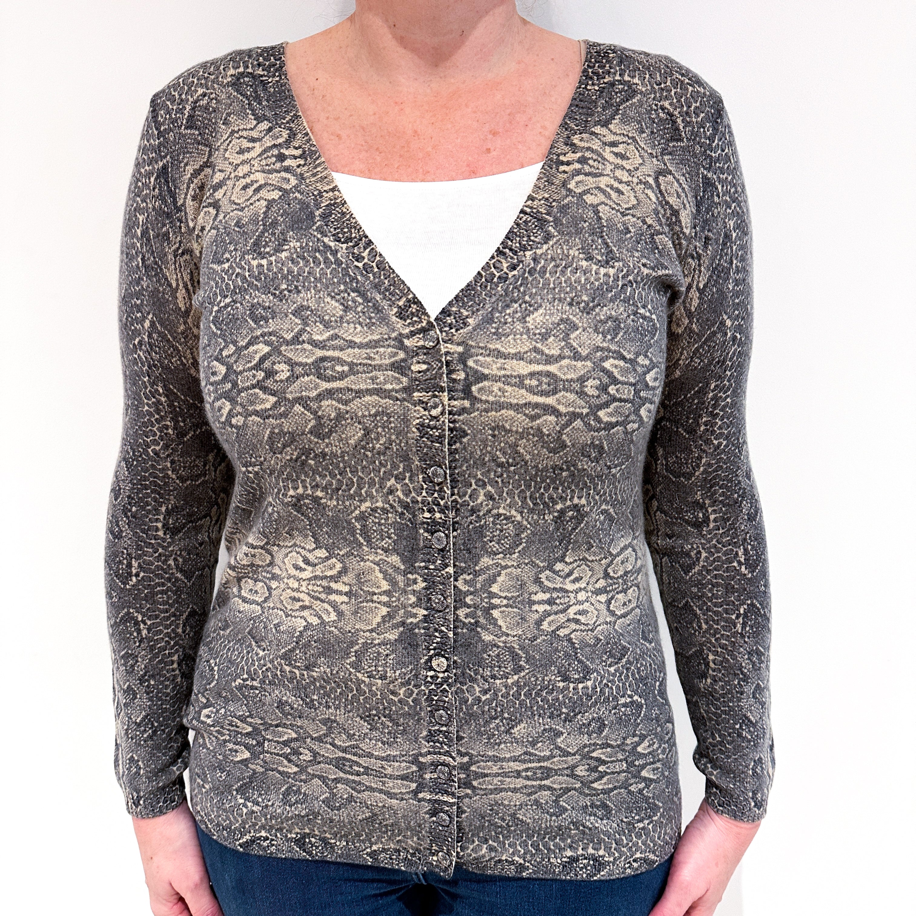 Grey Beige Snake Print Cashmere V-Neck Cardigan Large