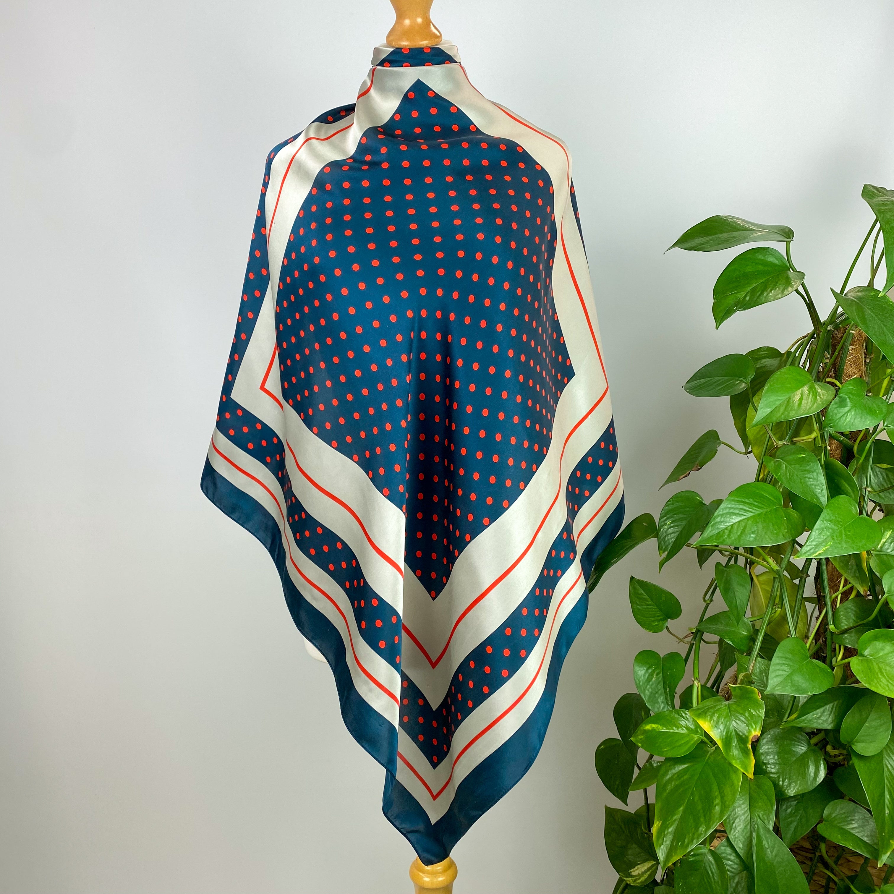 Caroll Paris Blue and Grey Spotted Vintage Silk Scarf