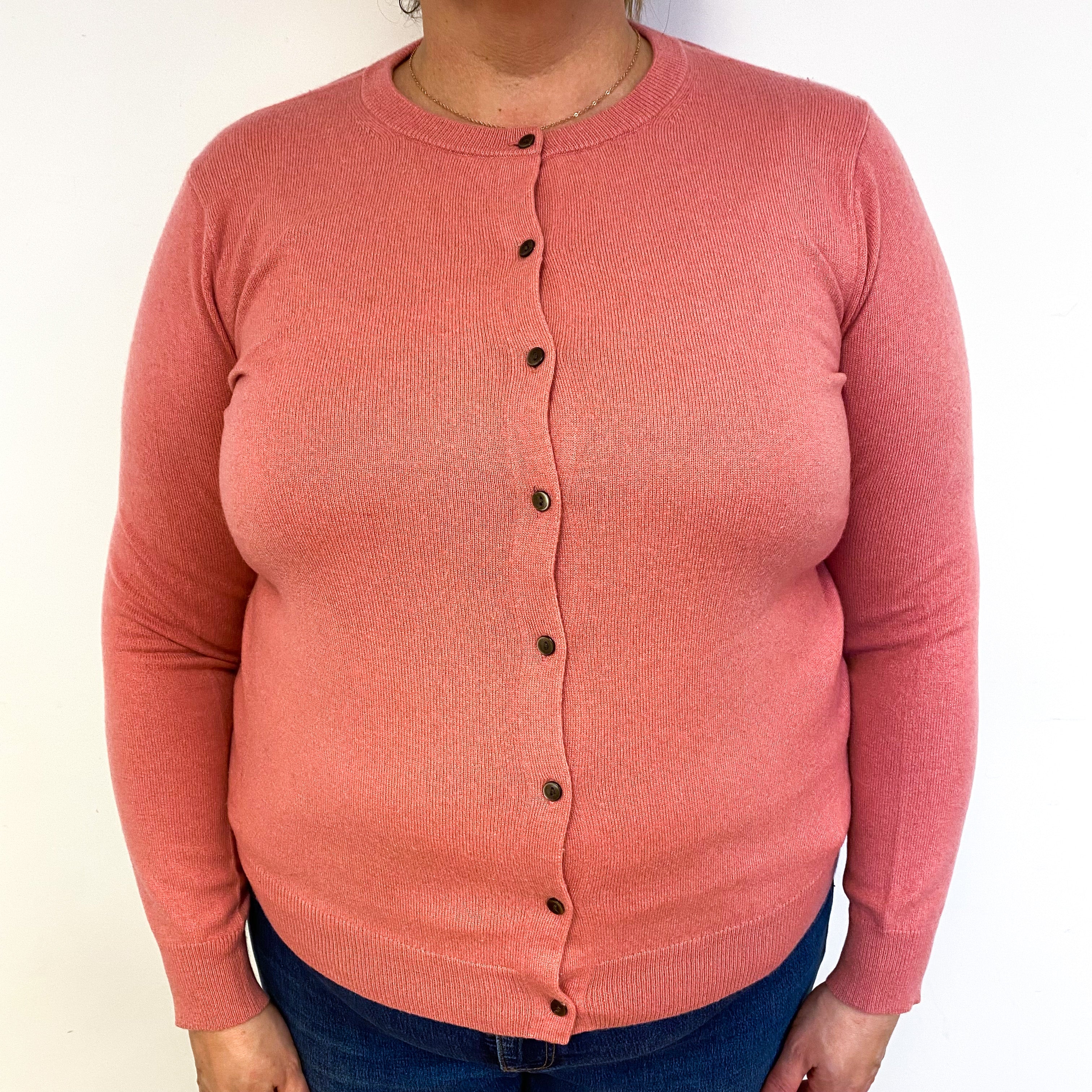 Salmon Pink Cashmere Crew Neck Cardigan Extra Large