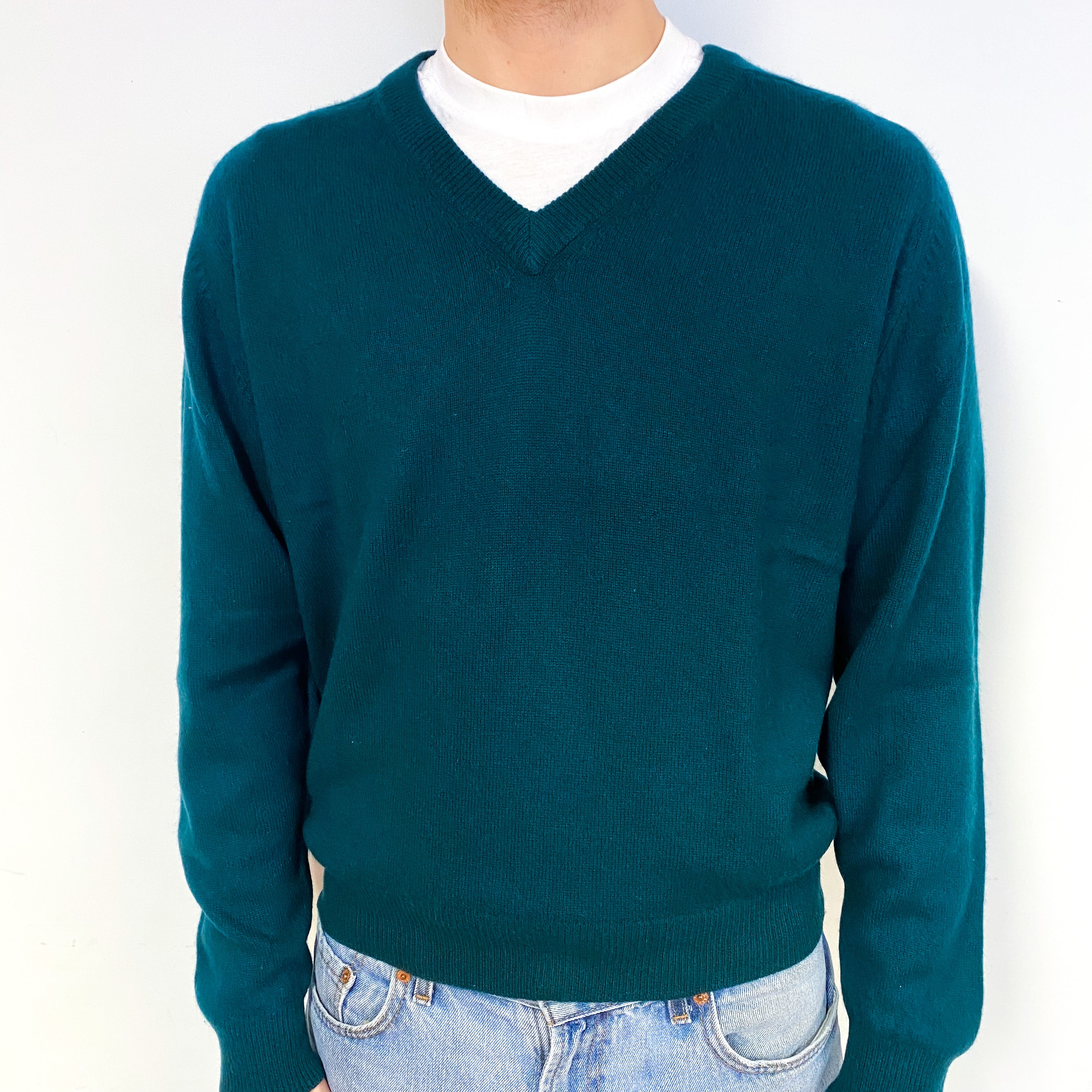 Men's Bottle Green Cashmere V-Neck Jumper Large