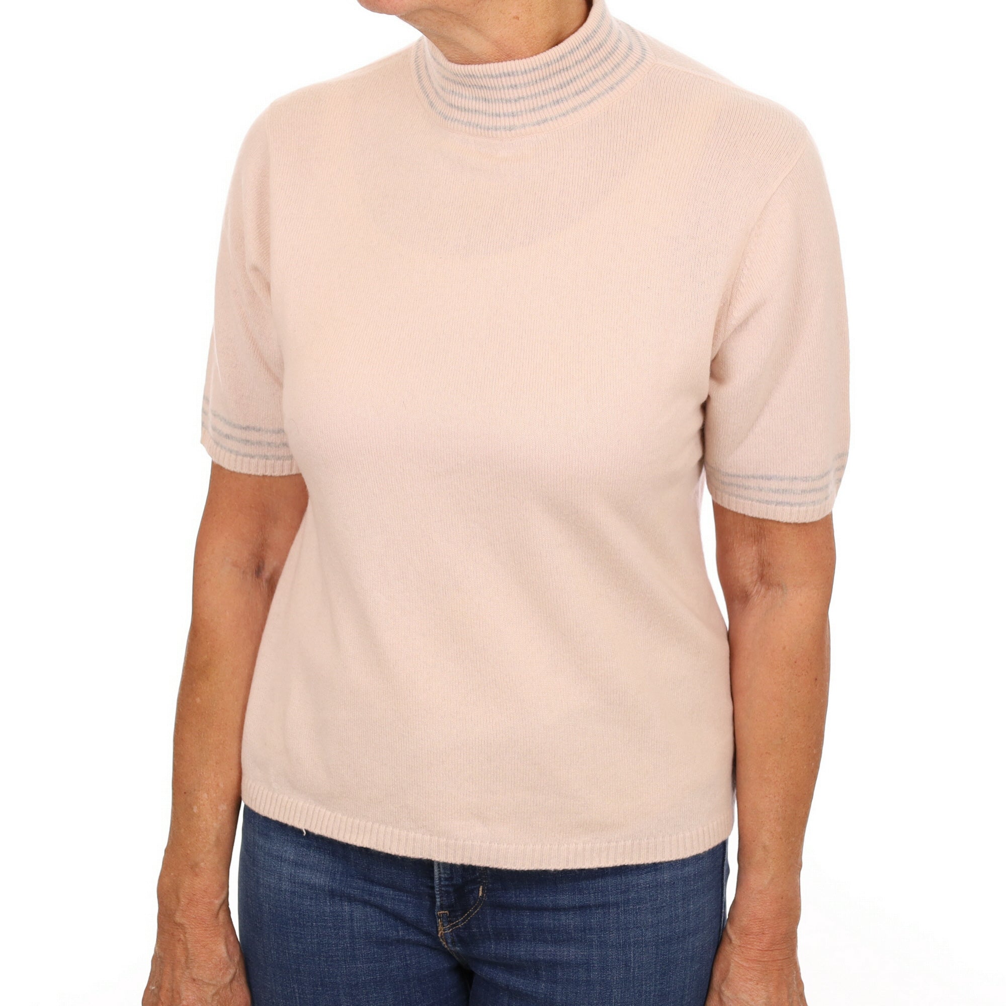 Ice Pink Striped Cashmere Turtle Neck Short Sleeved Jumper Medium