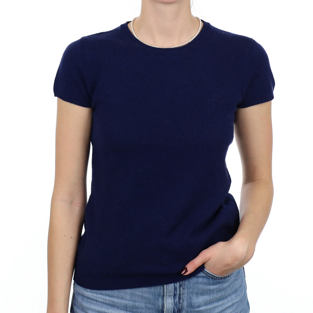 Navy Cashmere Short Sleeve Crew Neck Jumper Small