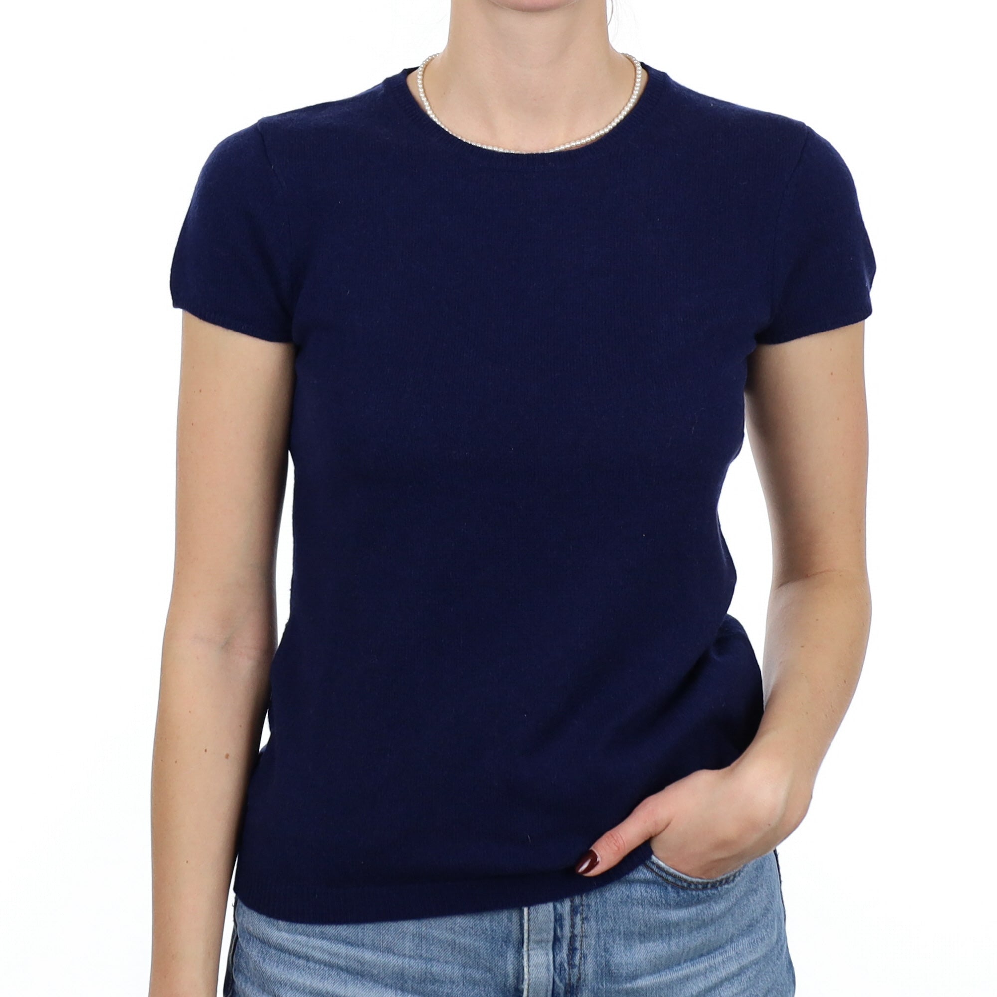Navy Cashmere Short Sleeve Crew Neck Jumper Small