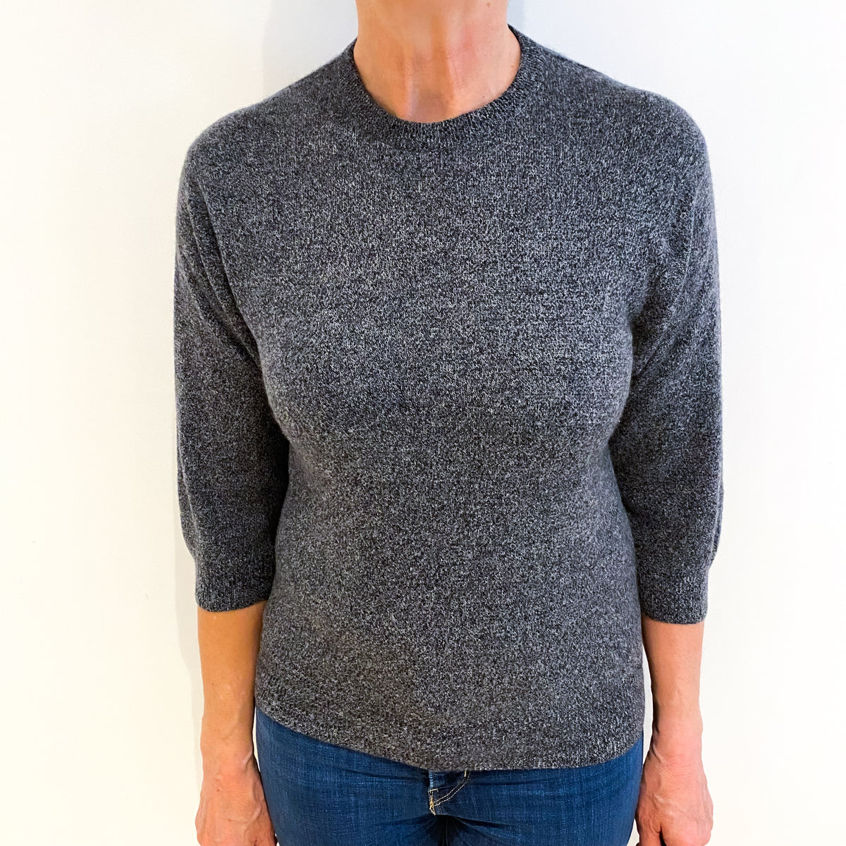 Slate Grey Marl Cashmere Crew Neck 3/4 Sleeve Jumper Medium