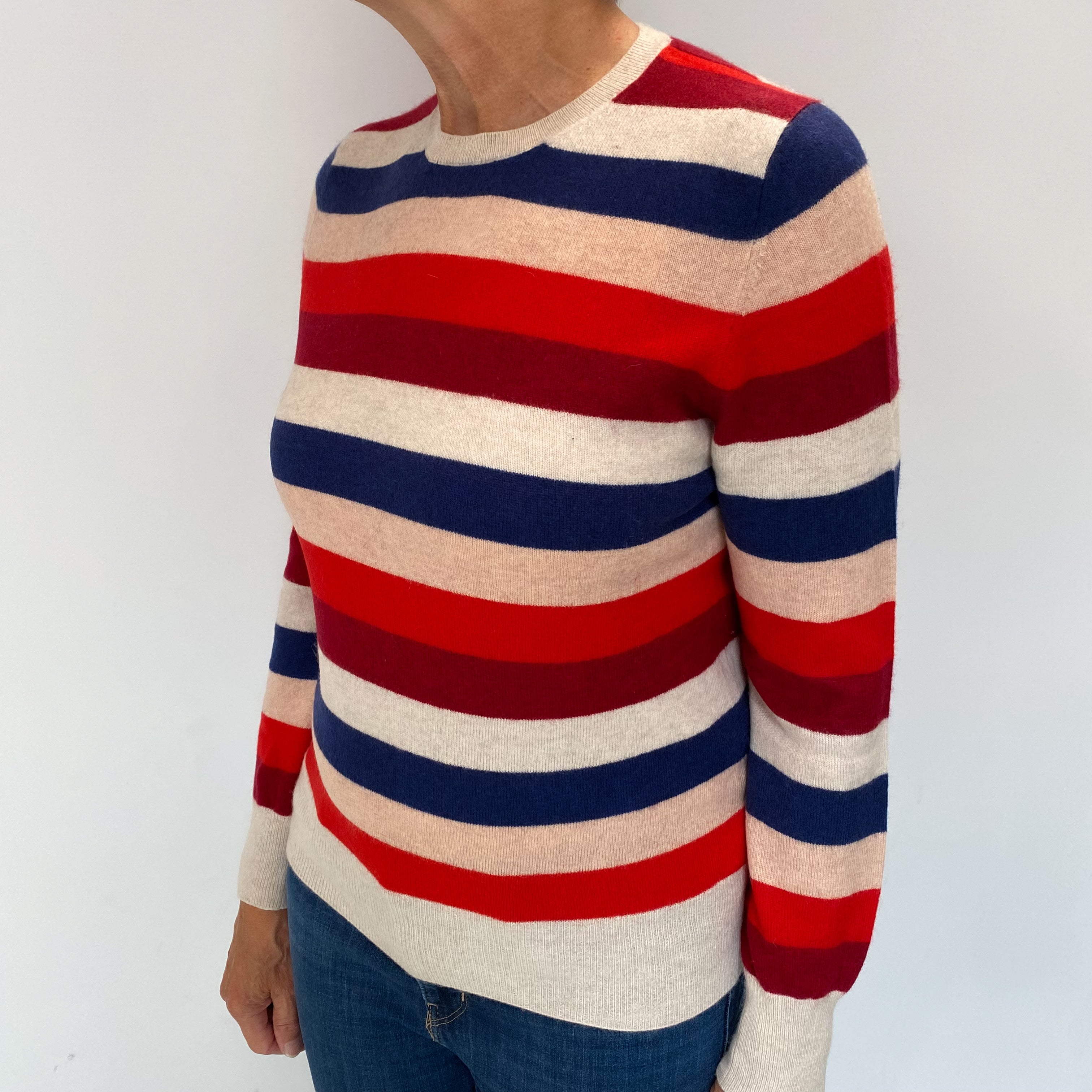 Oatmeal Beige Striped Cashmere Crew Neck Jumper Medium