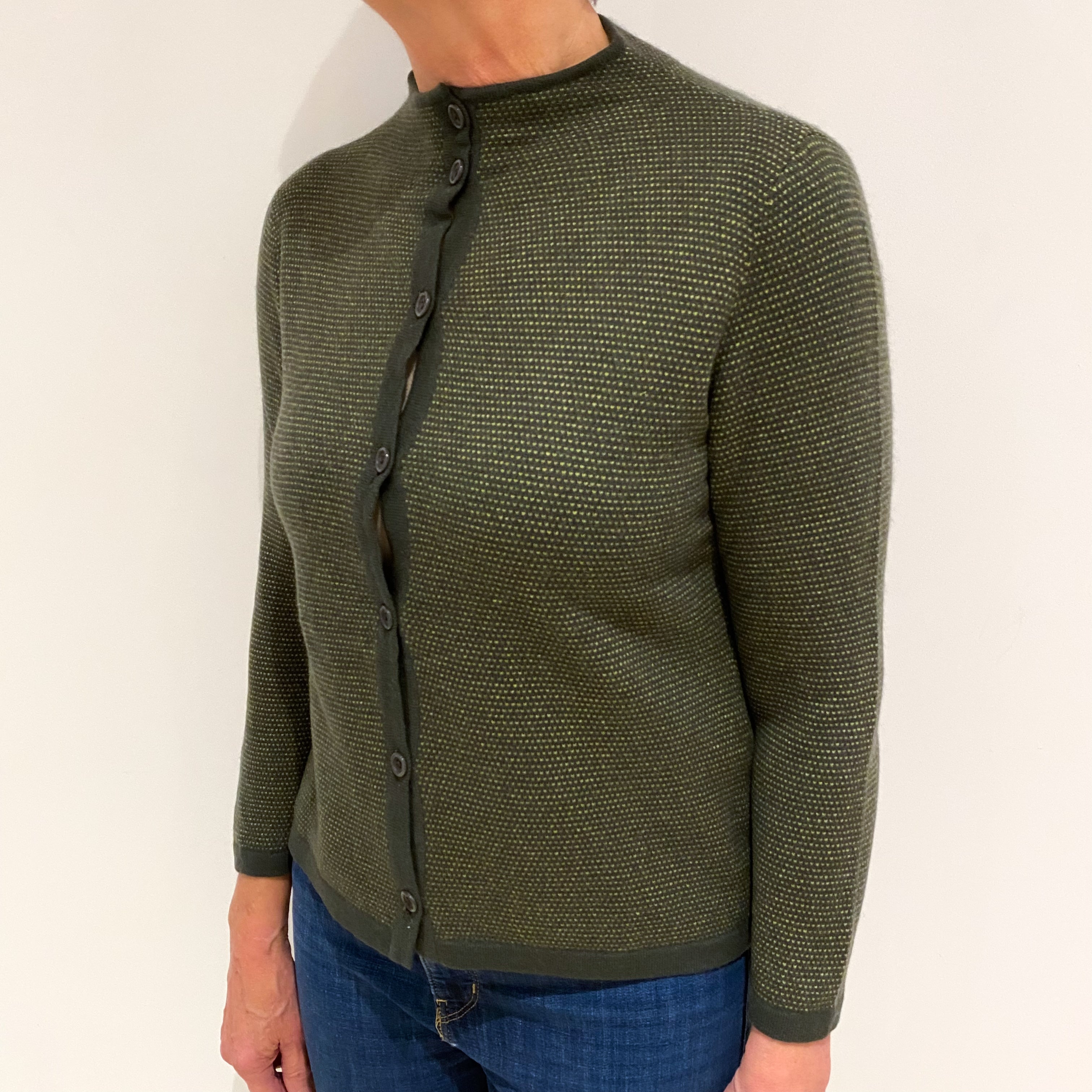 Pistachio and Deep Khaki Green Cashmere Turtle Neck Cardigan Medium