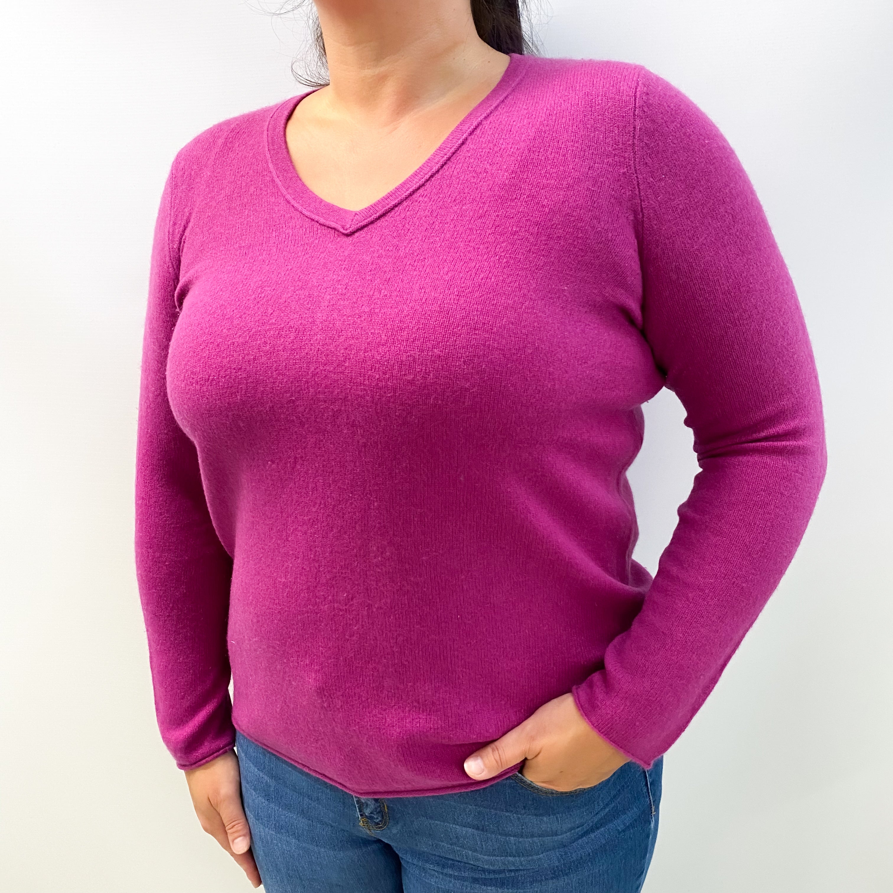 Magenta Purple Cashmere V Neck Jumper Large