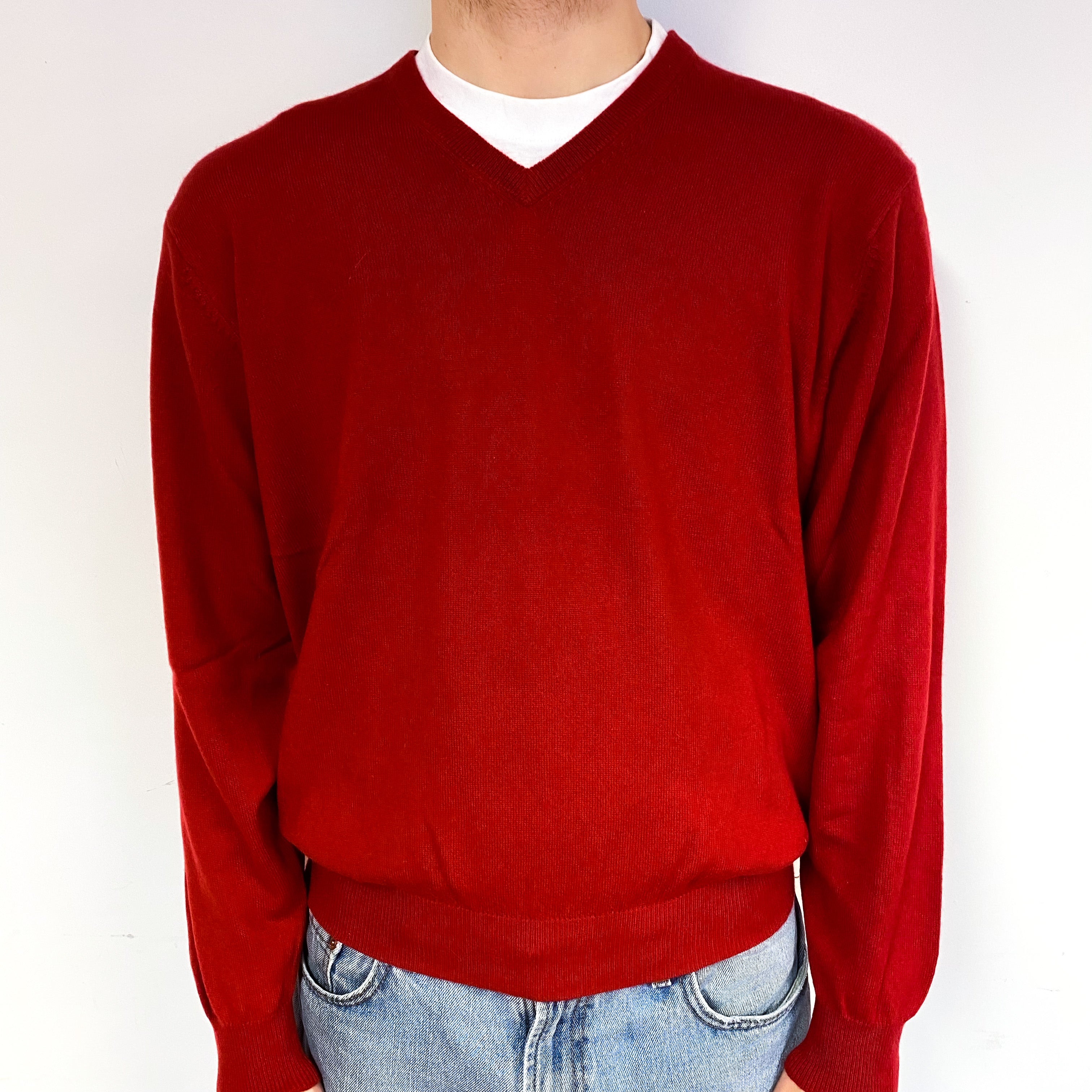 Men's Post Box Red Cashmere V-Neck Jumper Medium