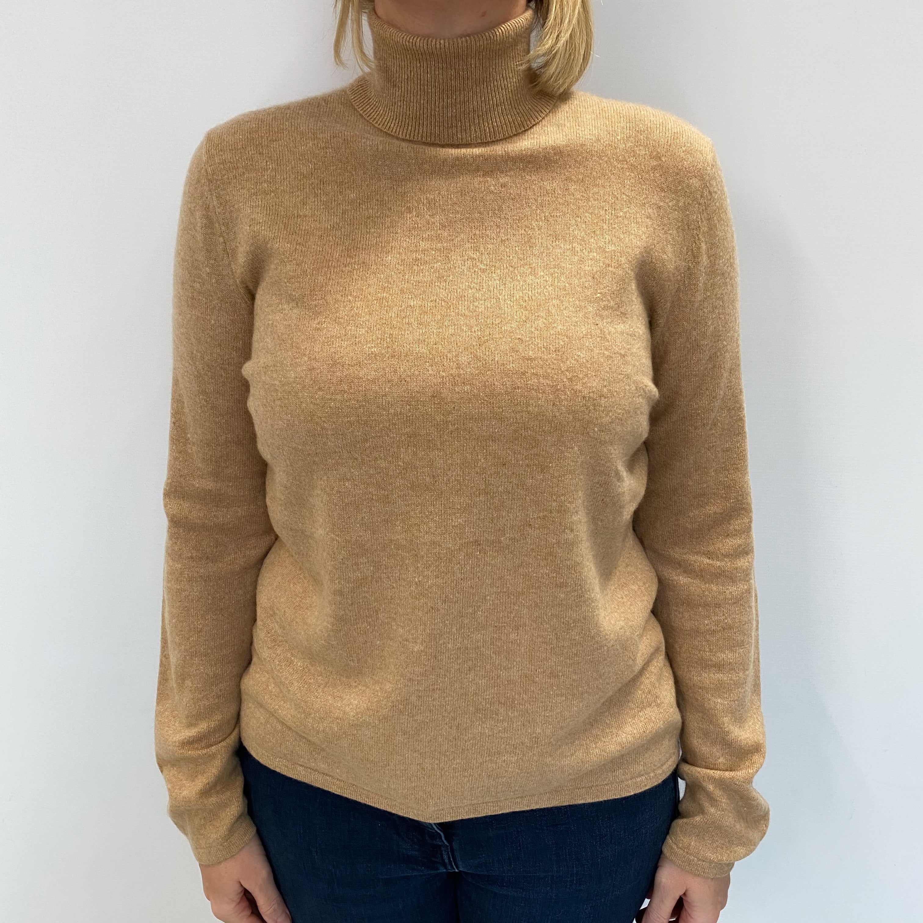 Sand Beige Cashmere Polo Neck Jumper Large