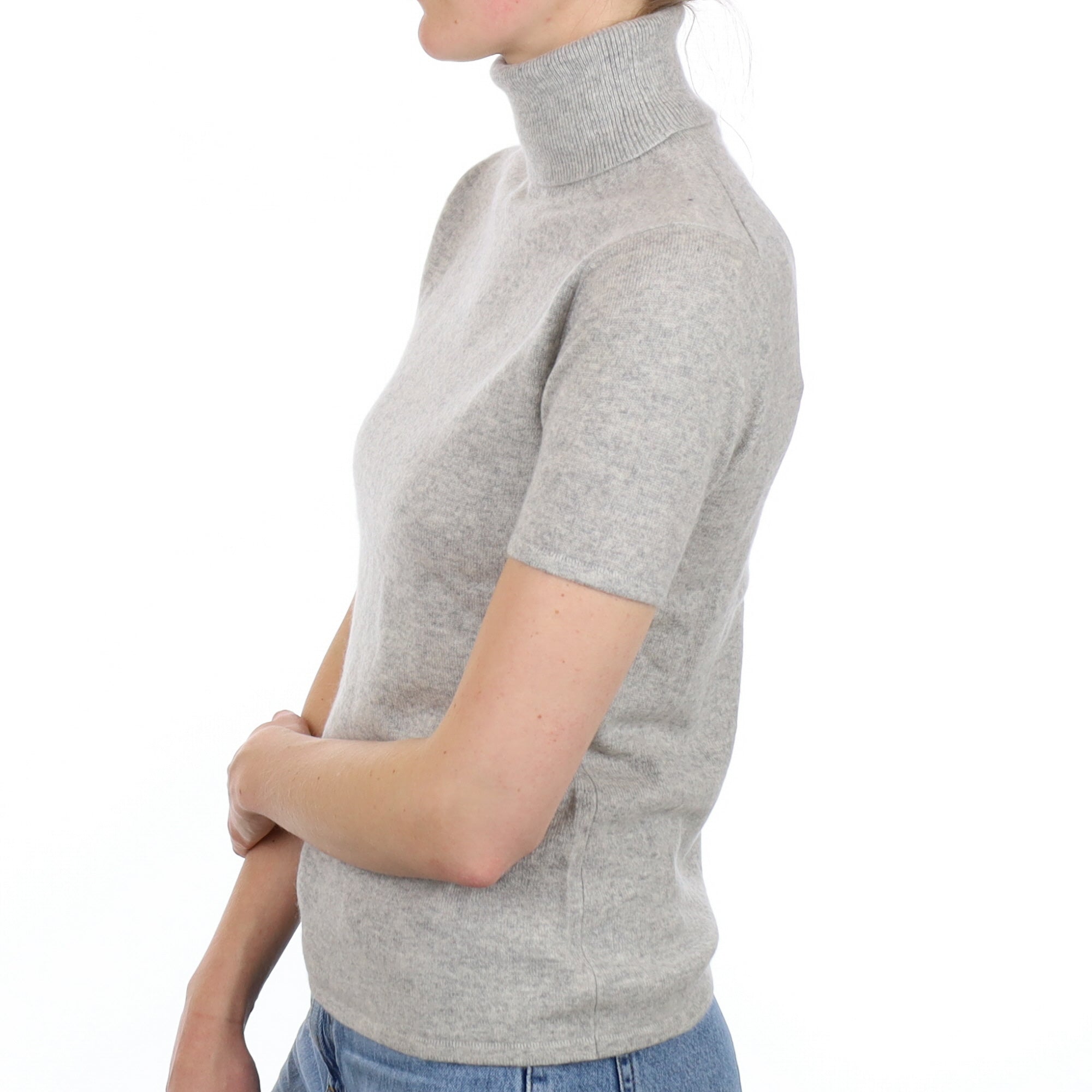 Smoke Grey Cashmere Short Sleeve Polo Neck Jumper Small