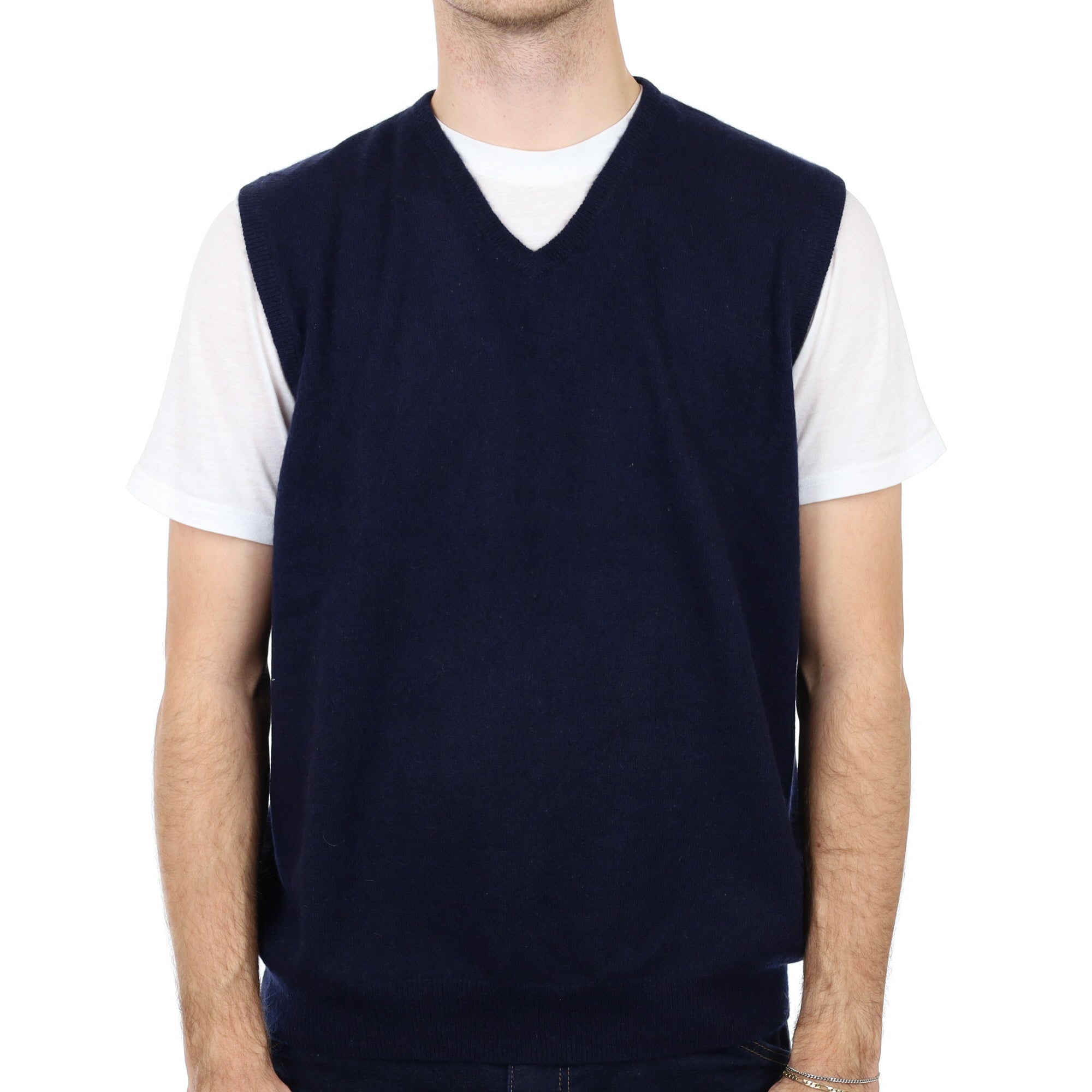 Men's Navy Blue Cashmere V Neck Tank Top Large