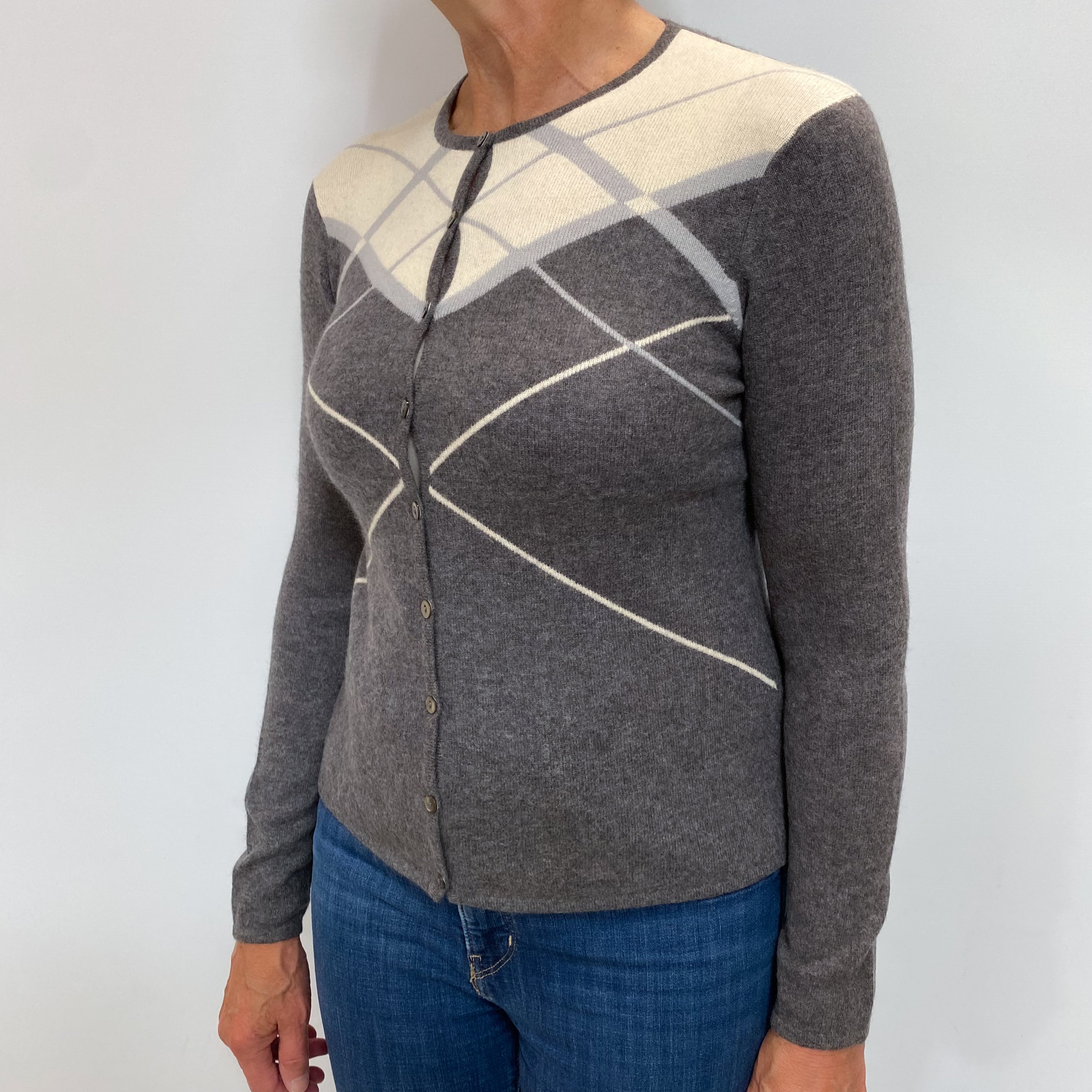 Slate Grey Patterned Cashmere Crew Neck Cardigan Medium