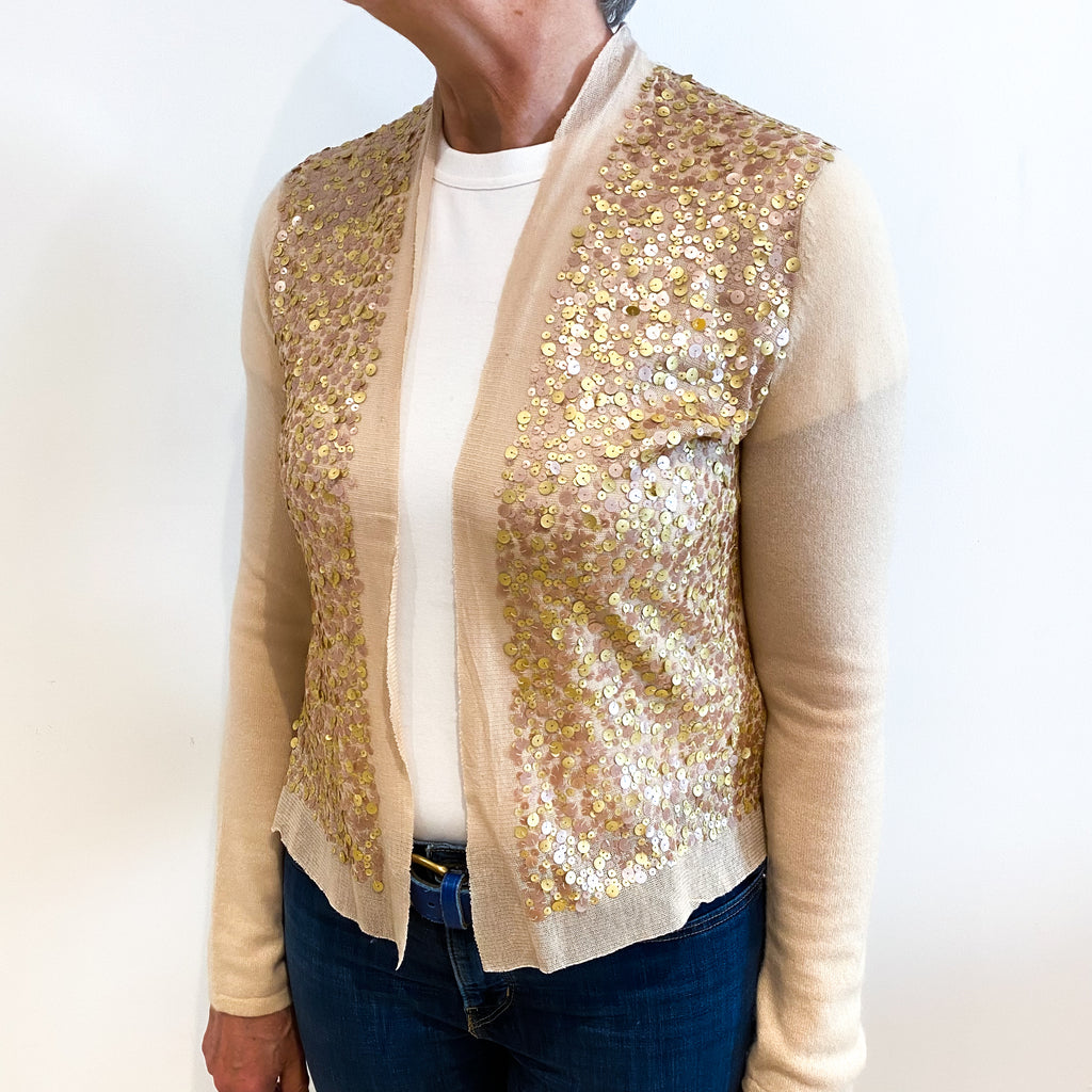 Beige Sequinned Cashmere Edge To Edge Cardigan Medium