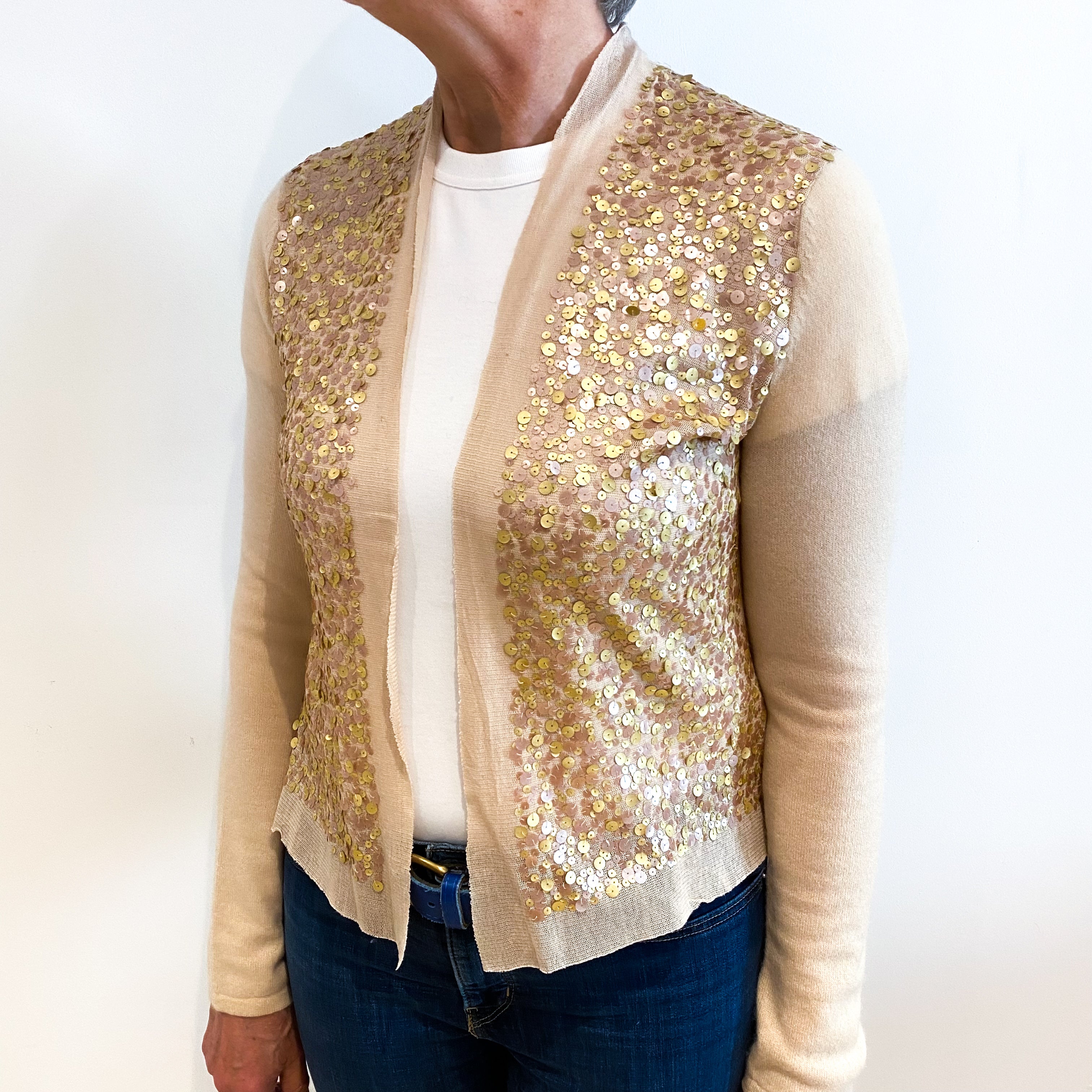 Beige Sequinned Cashmere Edge To Edge Cardigan Medium