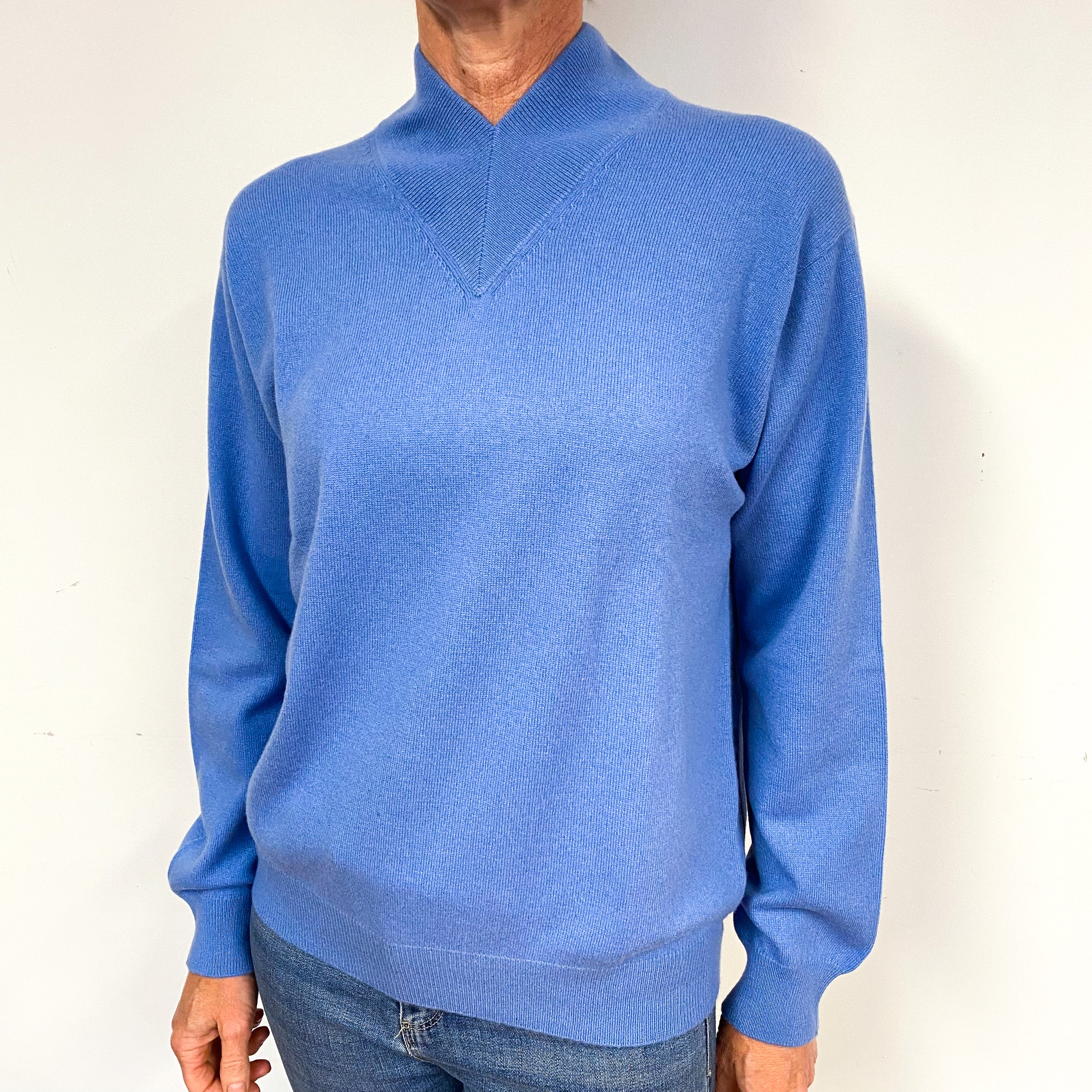 New Zenith Blue Cashmere High V-Neck Jumper Medium