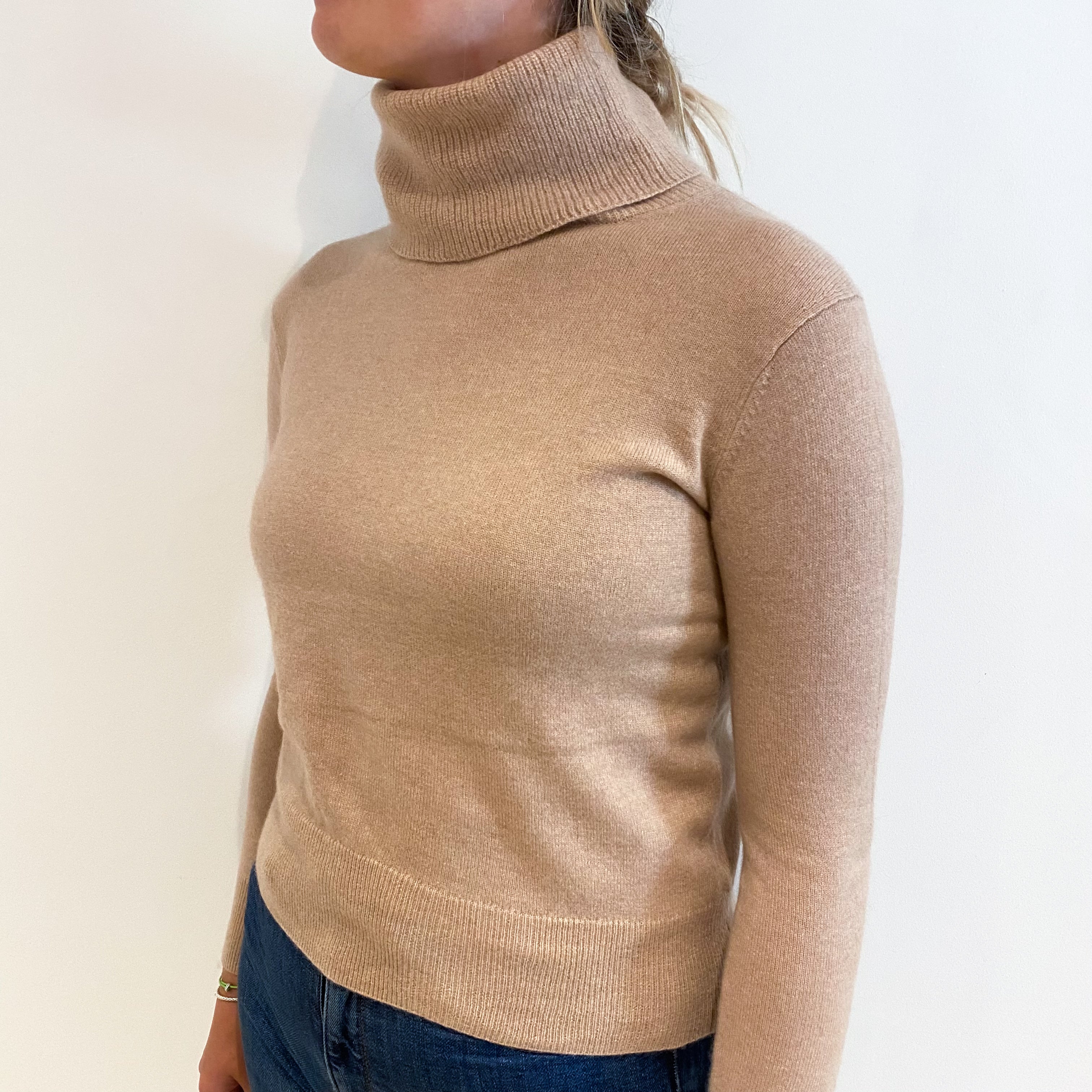 Buff Beige Cashmere Polo Neck Jumper Small