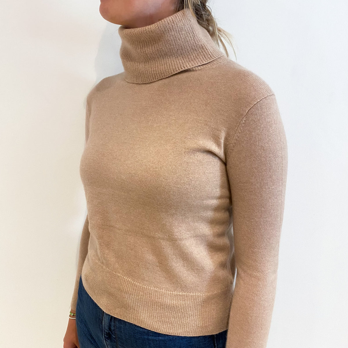 Buff Beige Cashmere Polo Neck Jumper Small