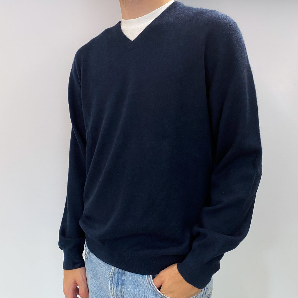 Men's Midnight Blue Cashmere V Neck Jumper Large