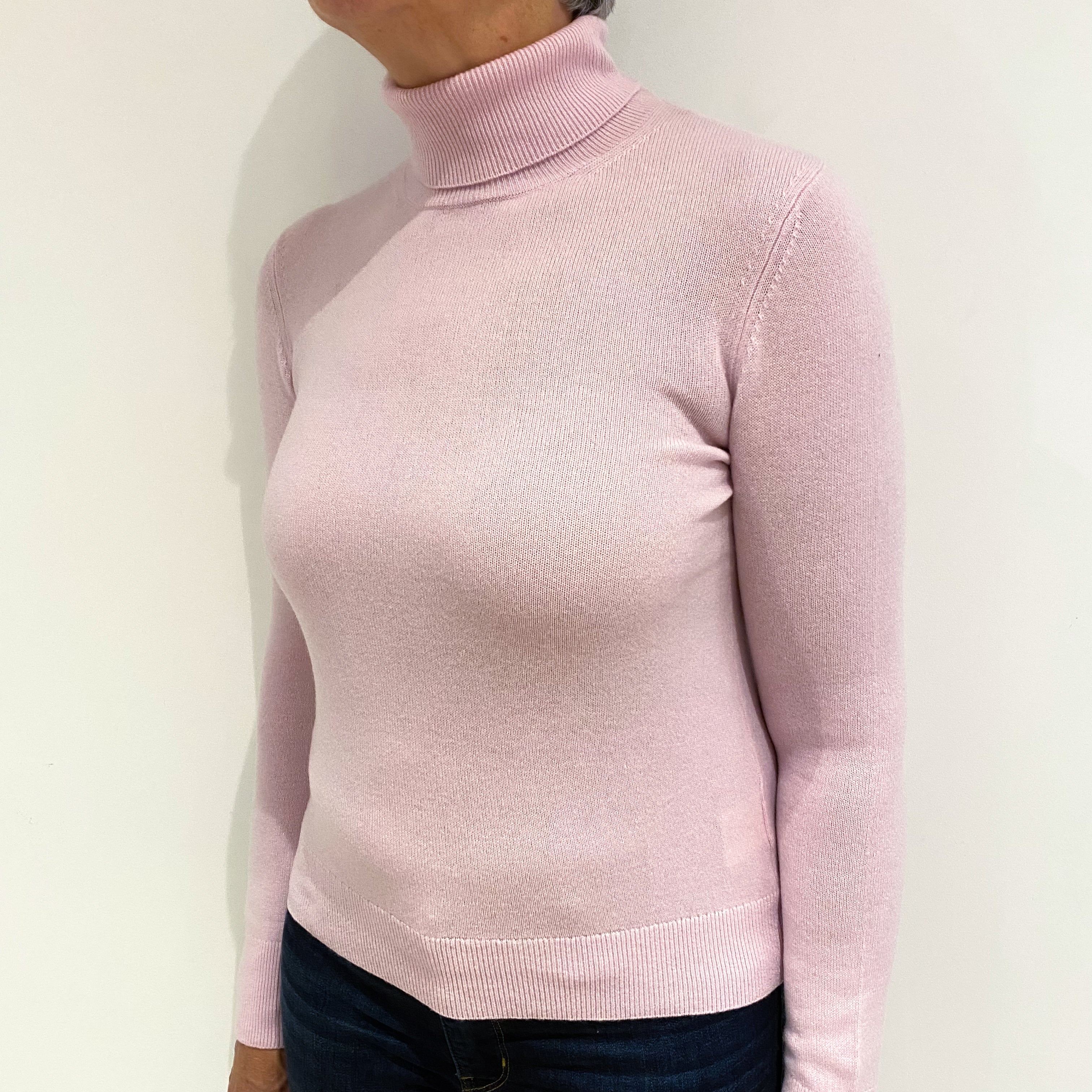 Carnation Pink Cashmere Polo Neck Jumper Medium