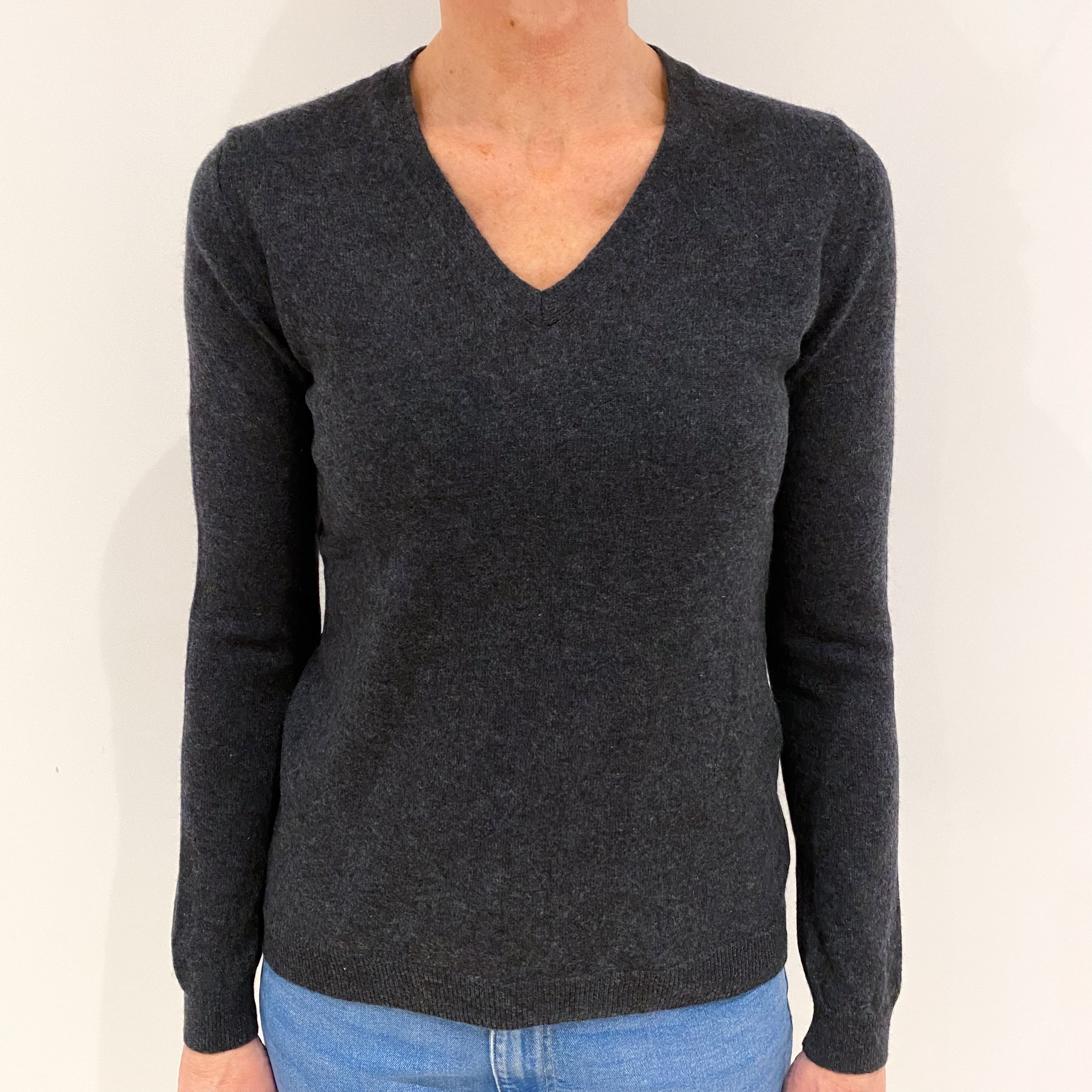 Dark Grey Cashmere V Neck Jumper Small