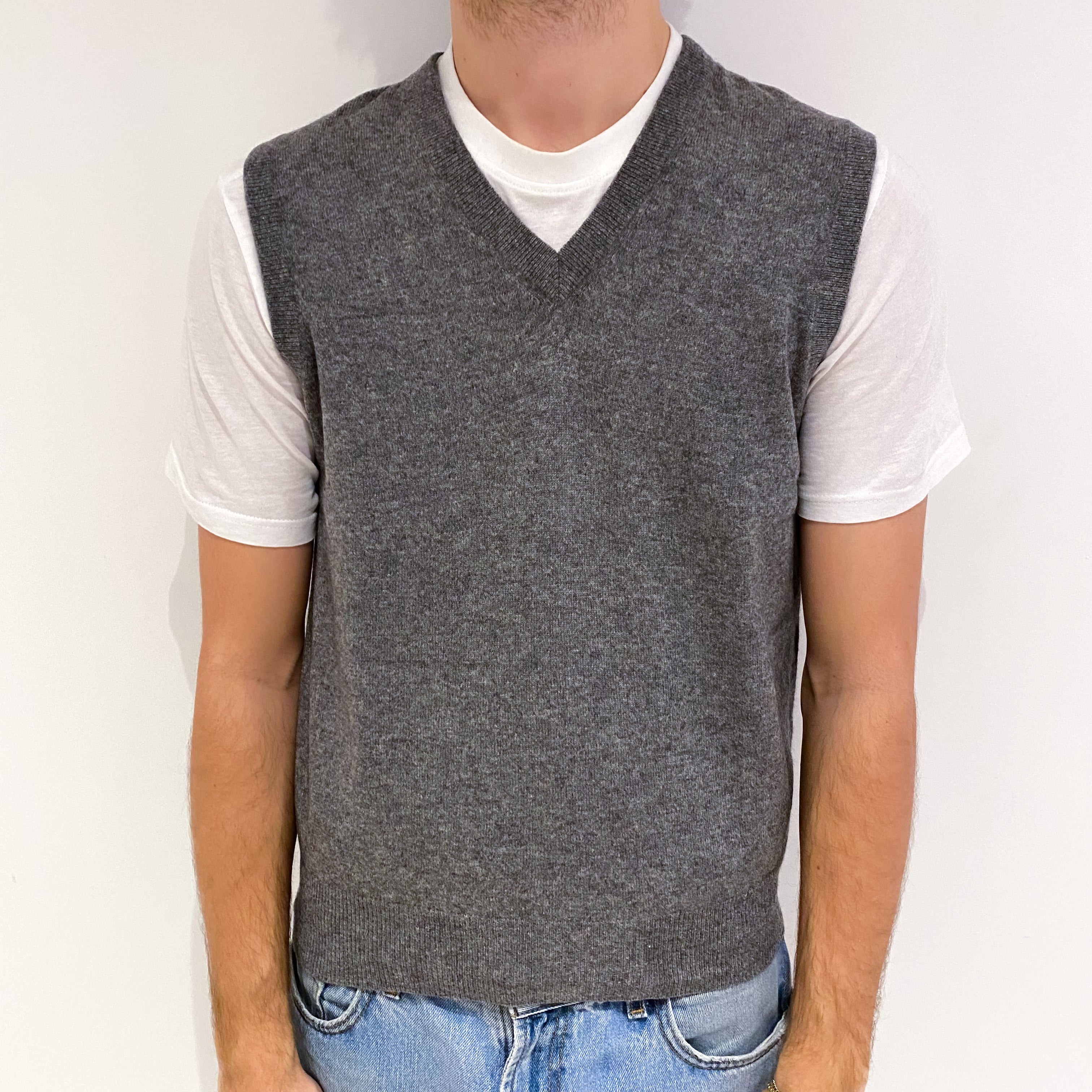 Men's Slate Grey Cashmere V Neck Jumper Vest Medium