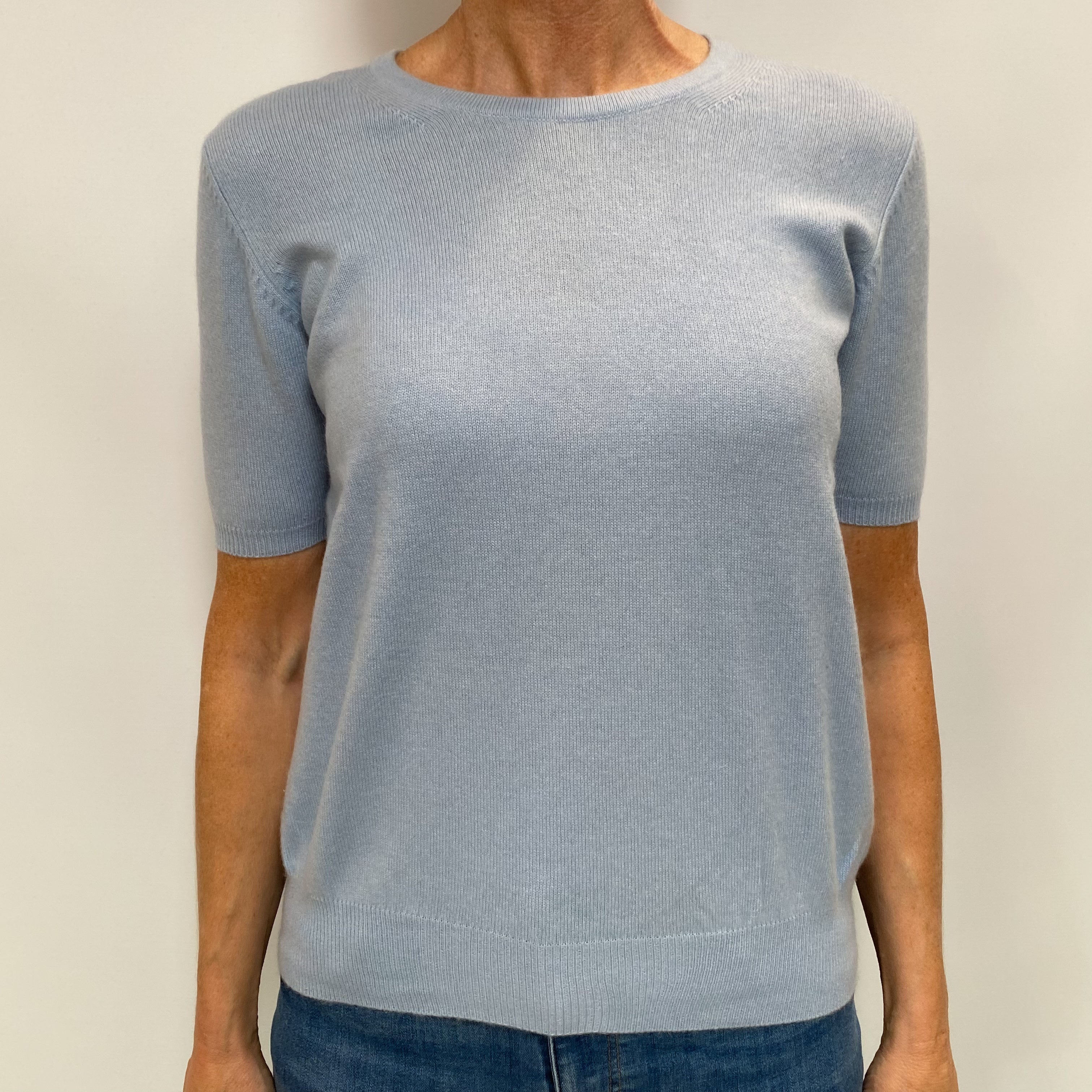 Pale Blue Cashmere Crew Neck Short Sleeved Jumper Small