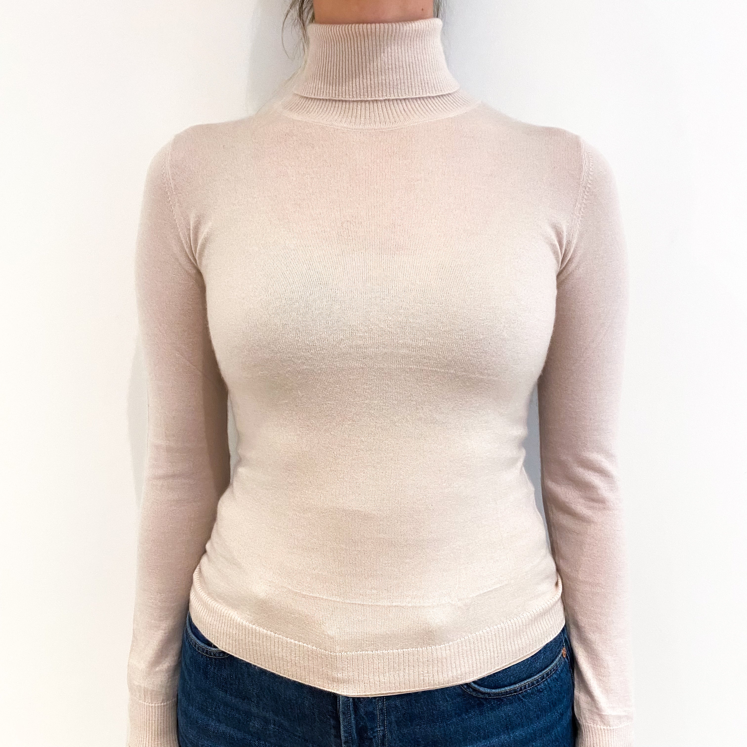 Oatmeal Beige Fine Knit Cashmere Polo Neck Jumper Small