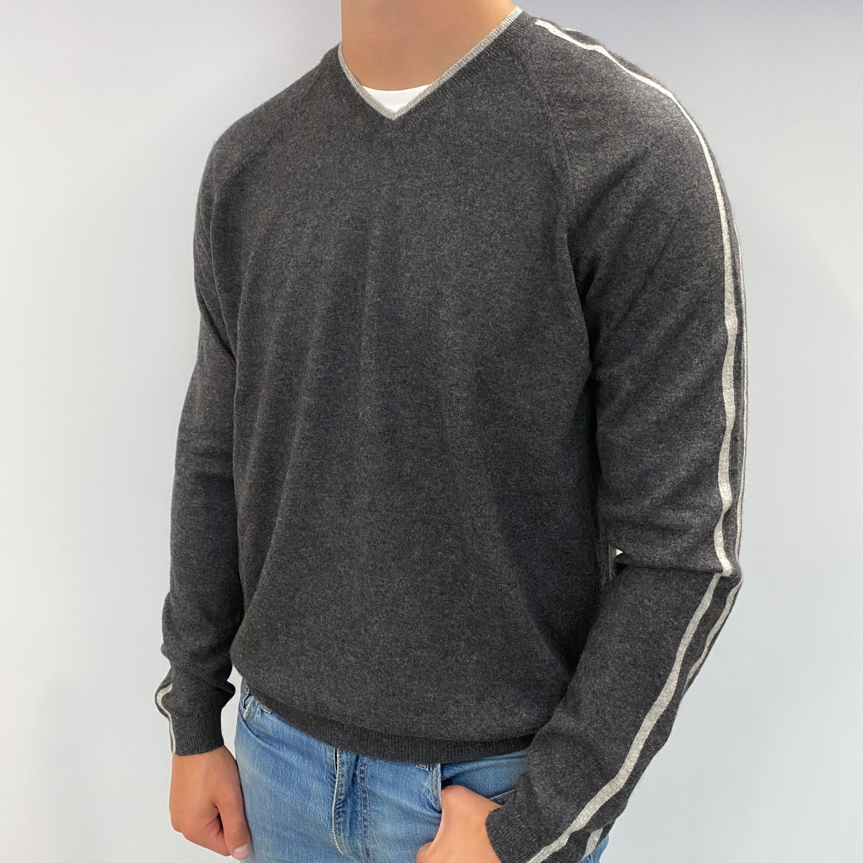 Men's Slate Grey Cashmere V Neck Jumper XL