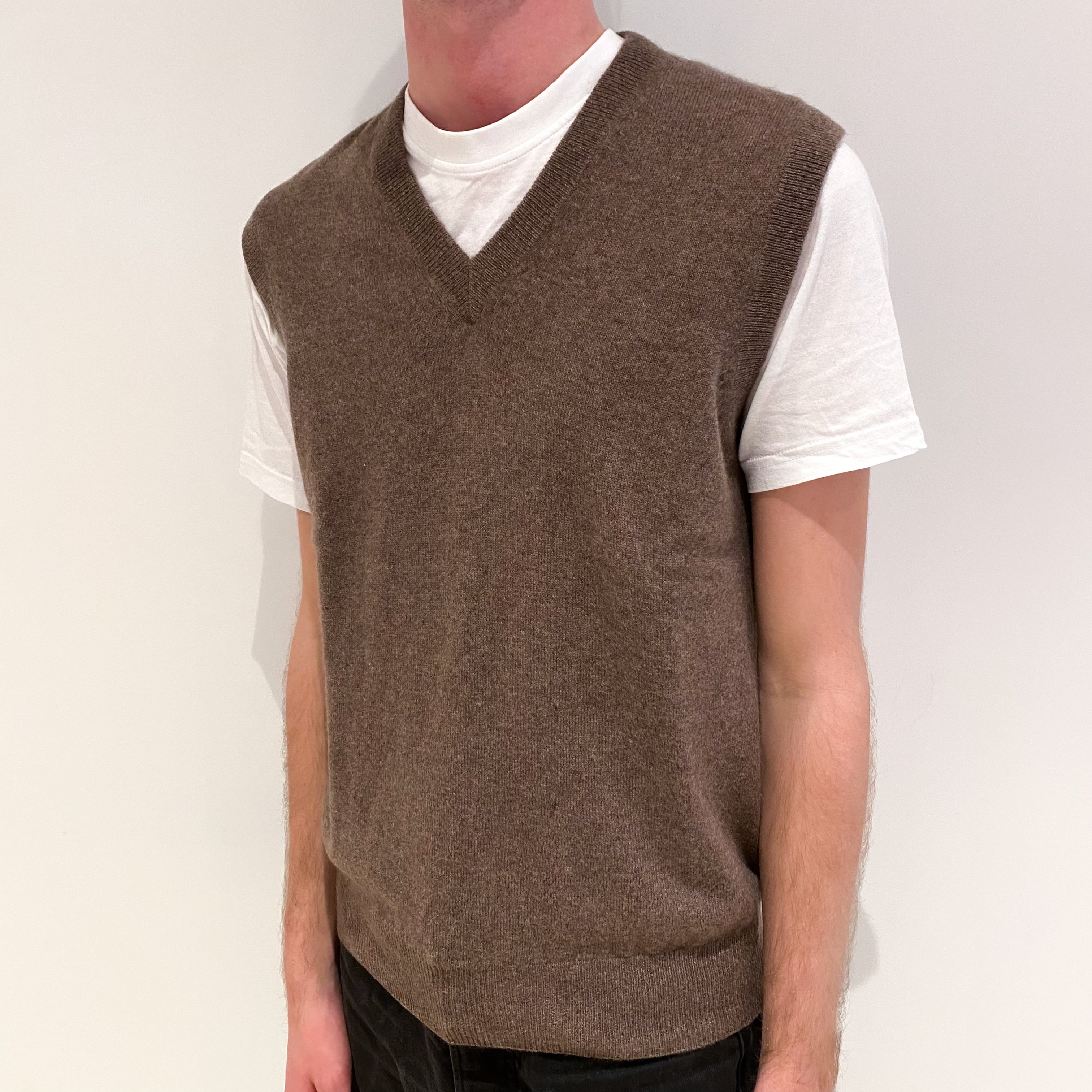 Men's Mocha Brown Cashmere V-Neck Tank Top Small