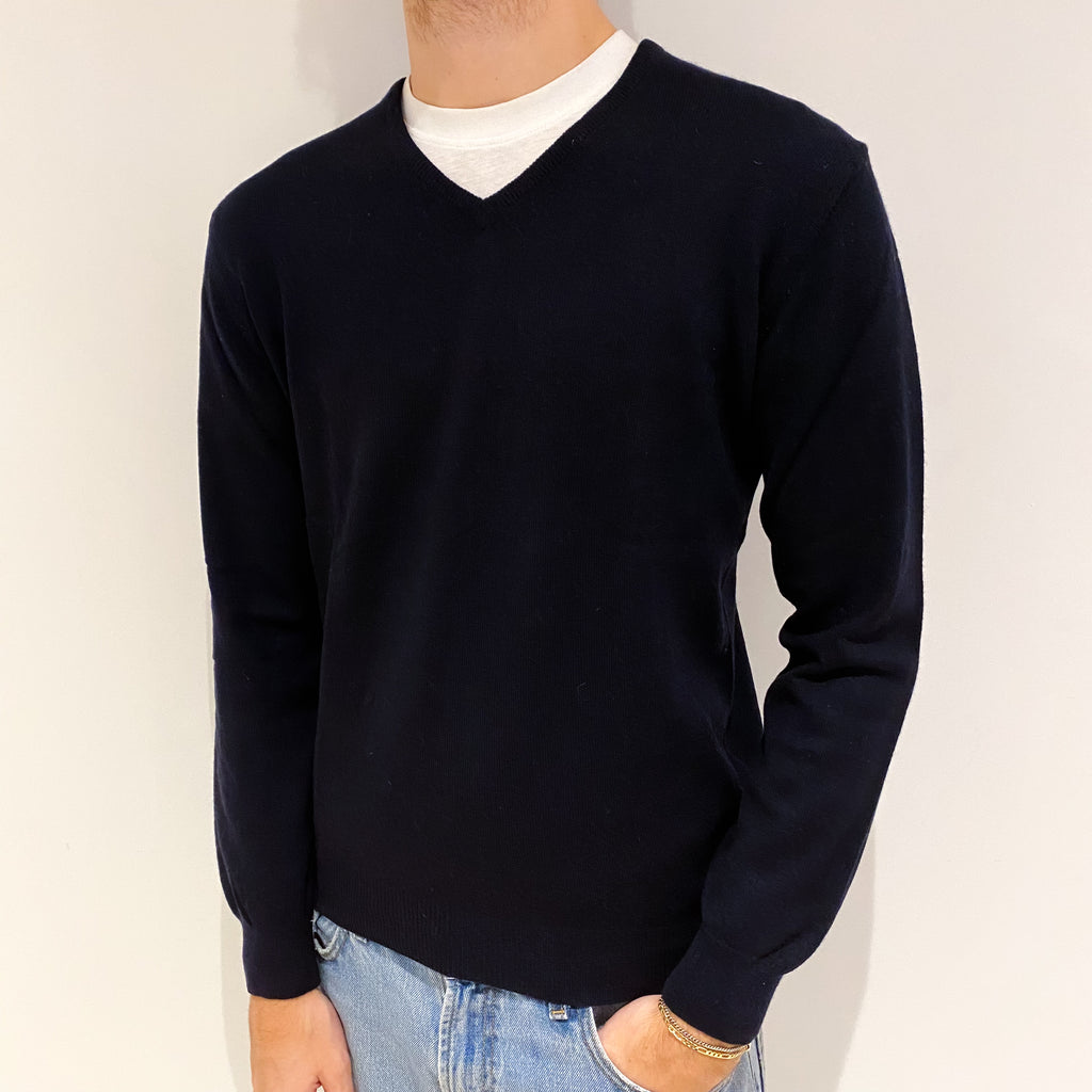 Men's Navy Blue Cashmere V Neck Jumper Medium