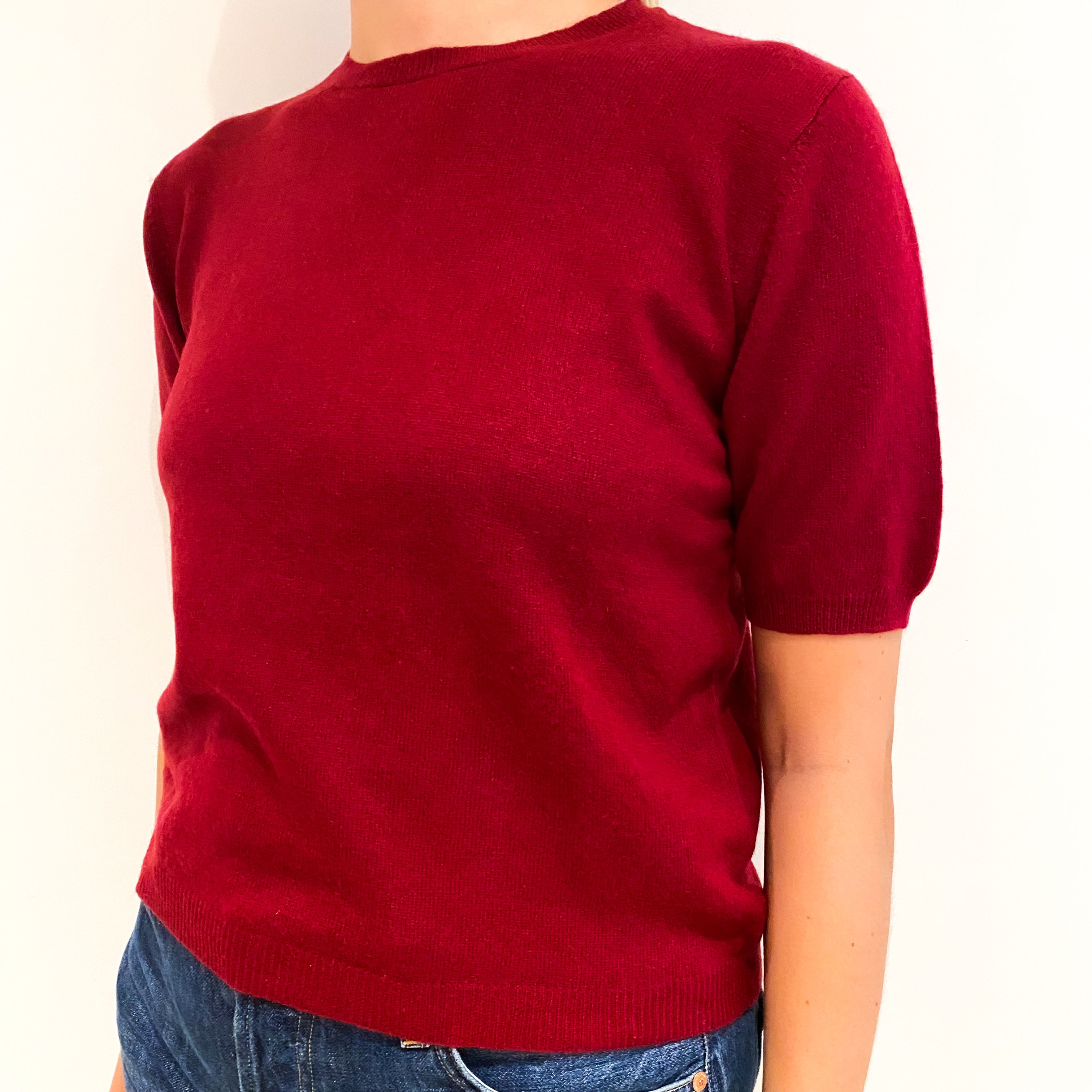 Crimson Red Short Sleeved Cashmere Crew Neck Jumper Medium