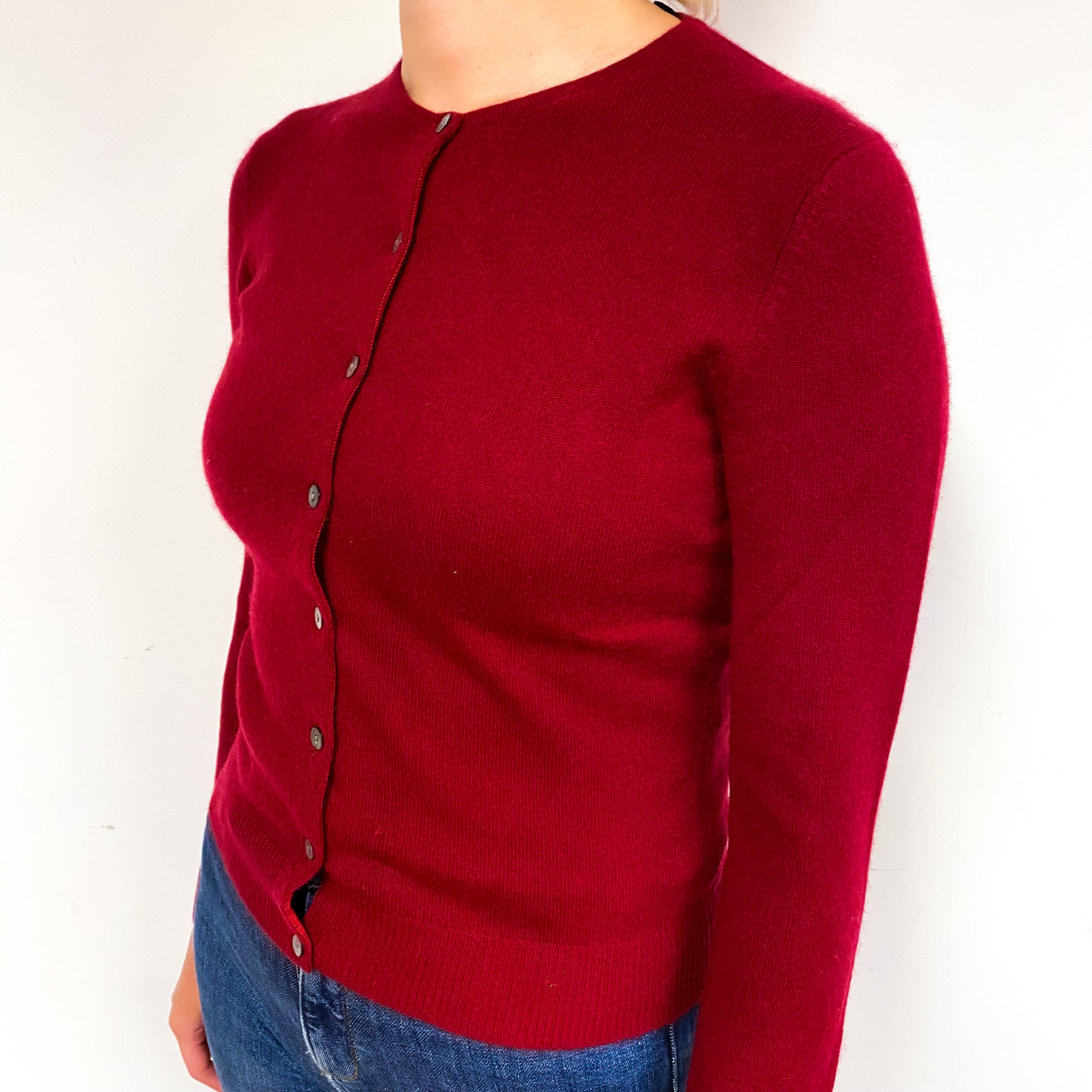 Garnet Red Cashmere Crew Neck Cardigan Small