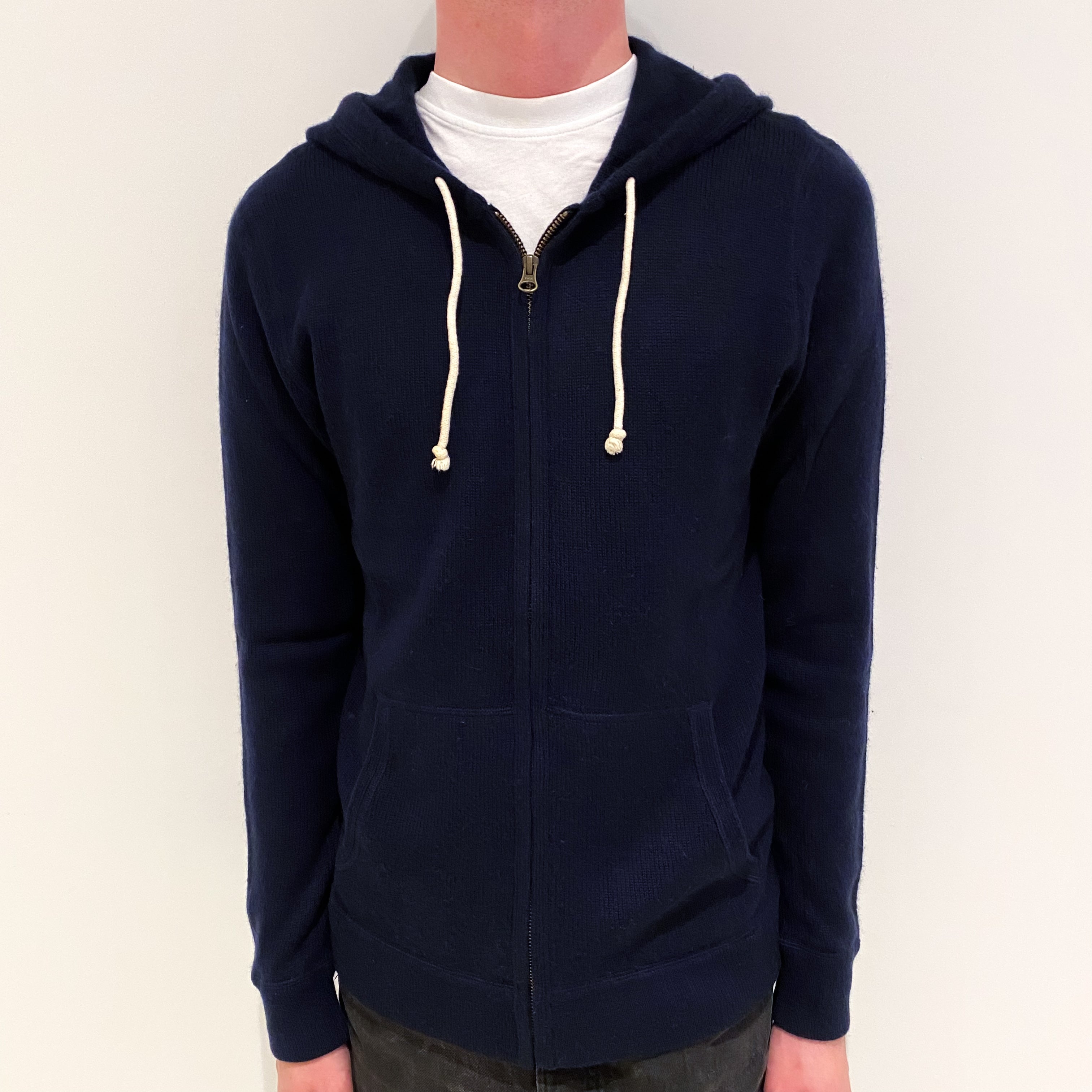 Men's Navy Blue Cashmere Zip Up Hoodie Jumper Small