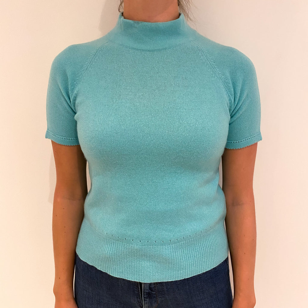 Pale Aqua Blue Cashmere Turtle Neck Short Sleeved Jumper Small