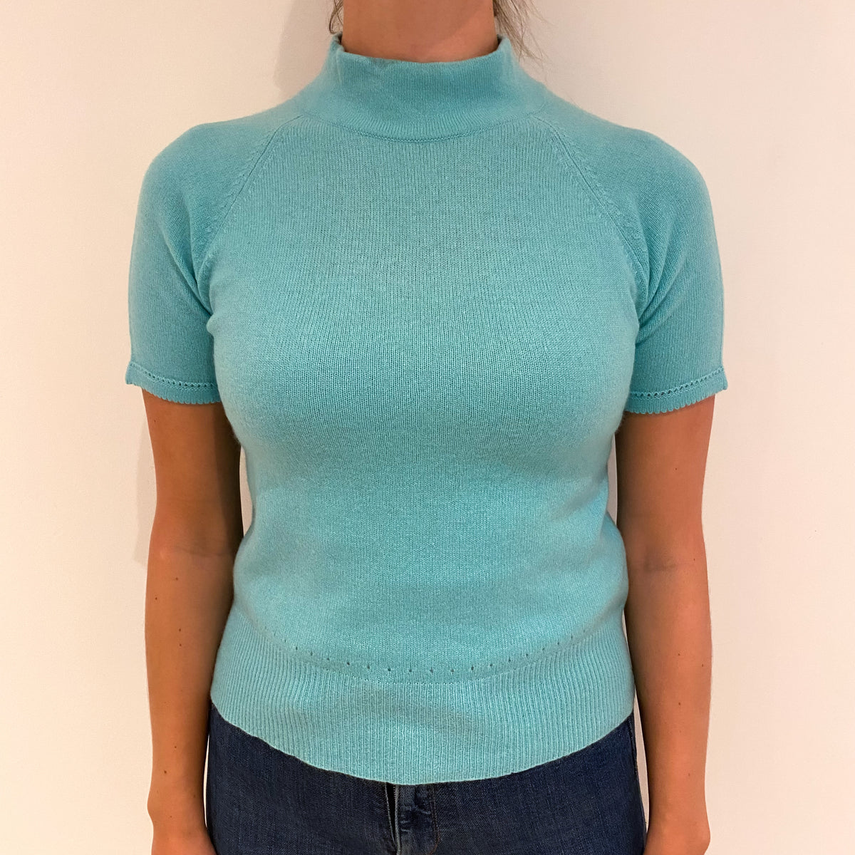 Pale Aqua Blue Cashmere Turtle Neck Short Sleeved Jumper Small
