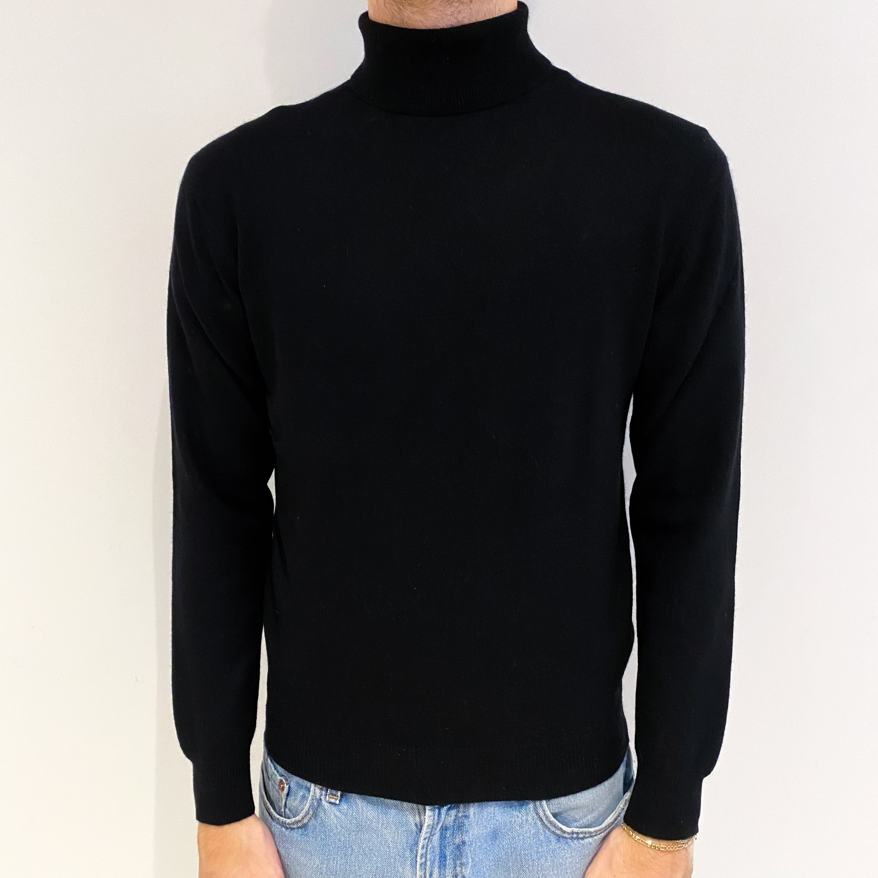 Men's Black Cashmere Polo Neck Jumper Medium