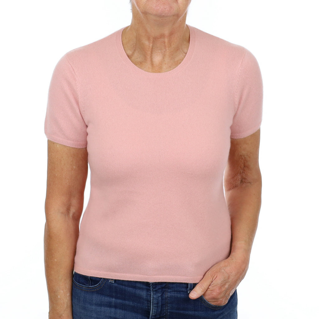 Dusky Pink Cashmere Crew Neck Short Sleeved Jumper Medium