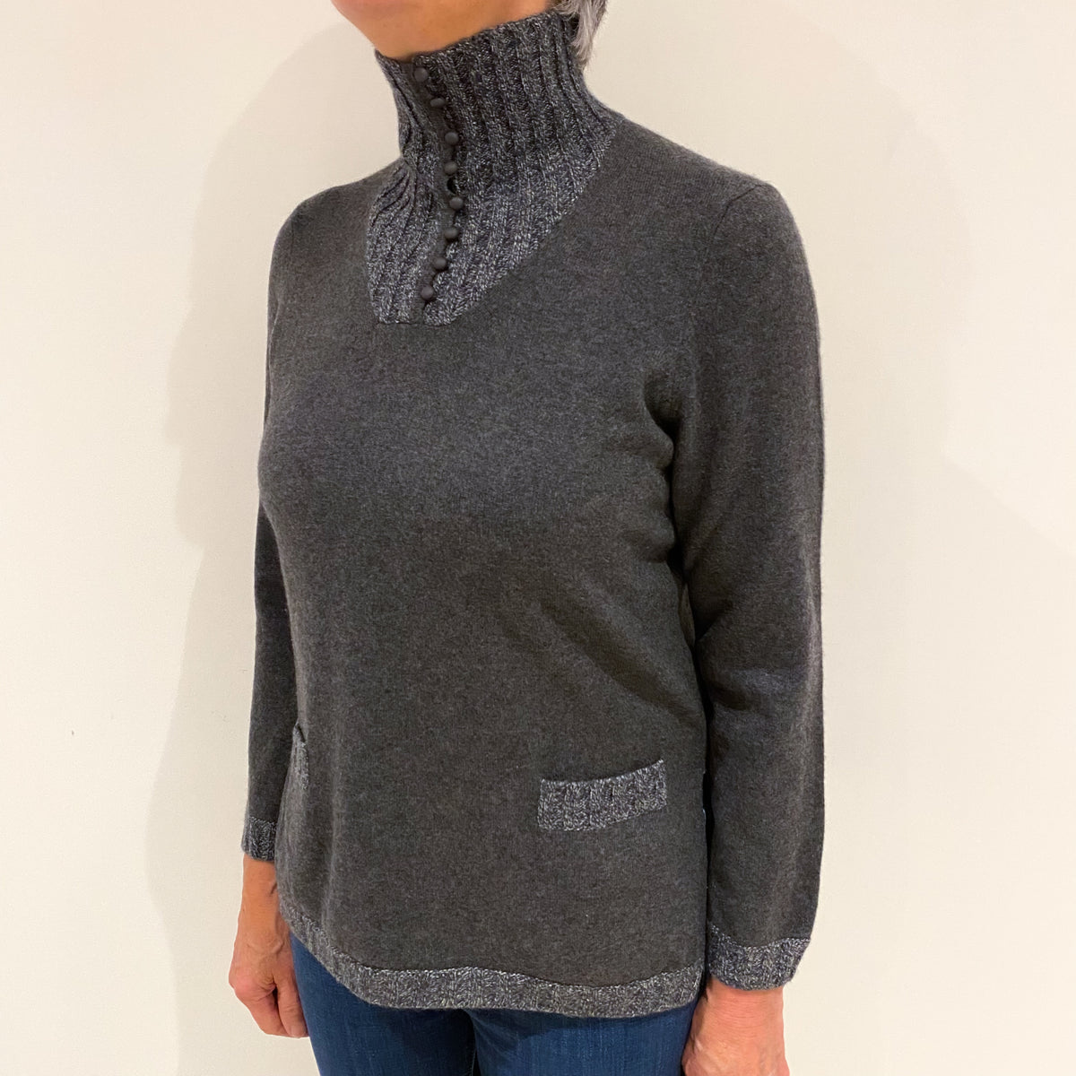 Slate Grey Cashmere Polo Neck Jumper Medium
