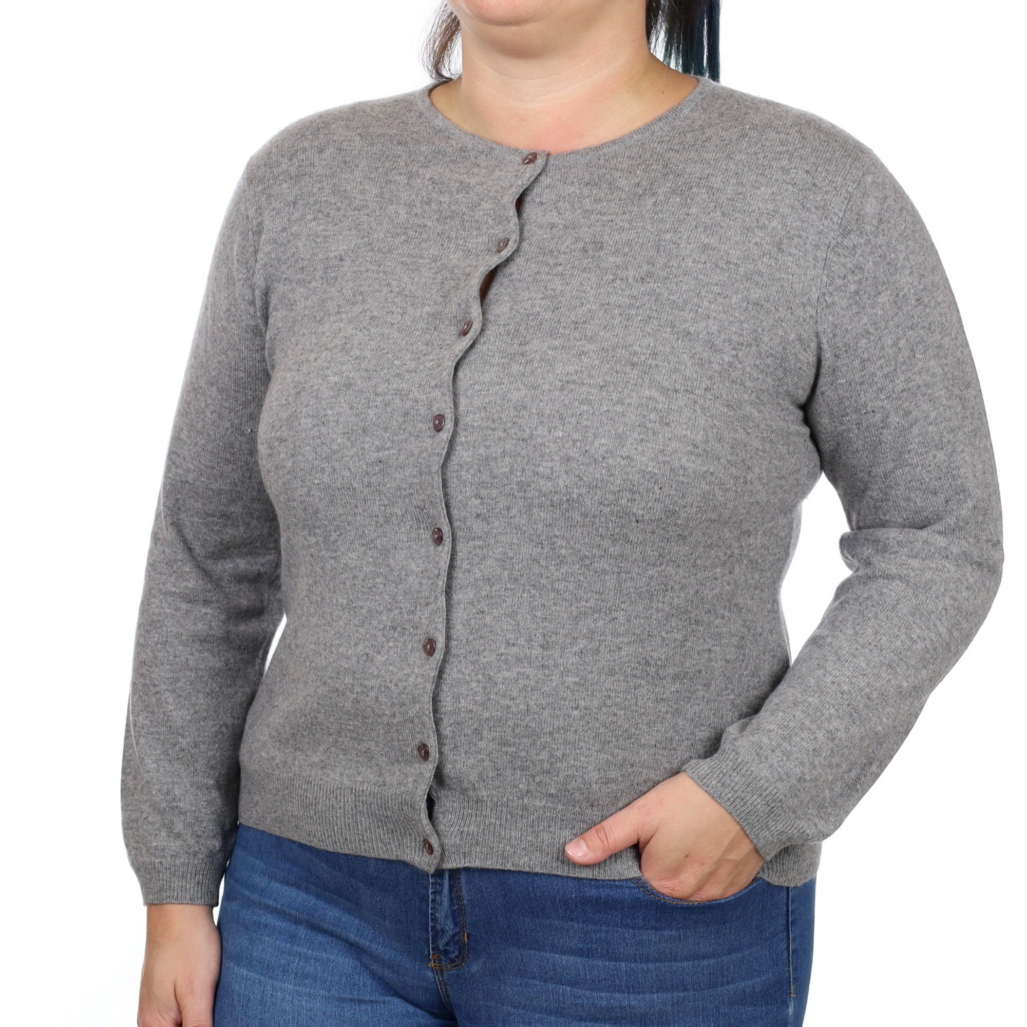 Ash Grey Cashmere Crew Neck Cardigan Large