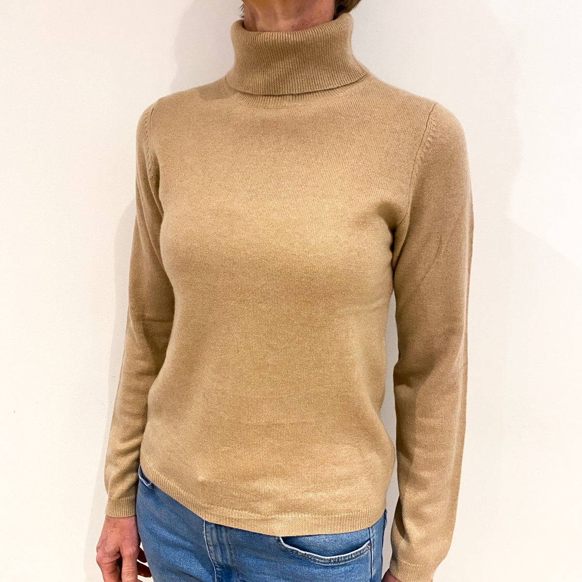 Buff Beige Cashmere Polo Neck Jumper Small