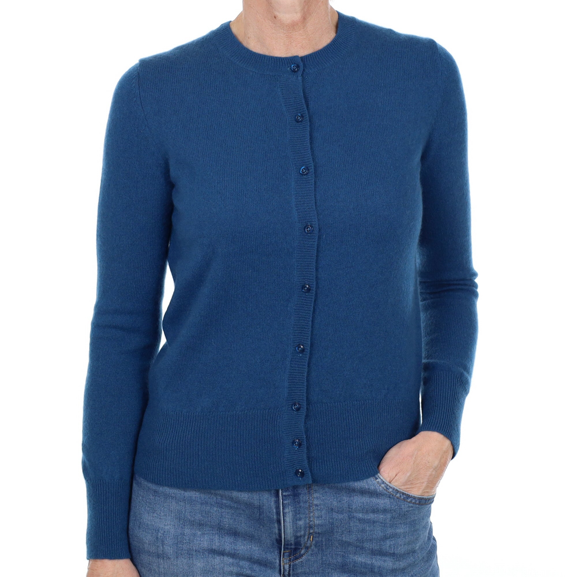 Teal Blue Cashmere Crew Neck Cardigan Small