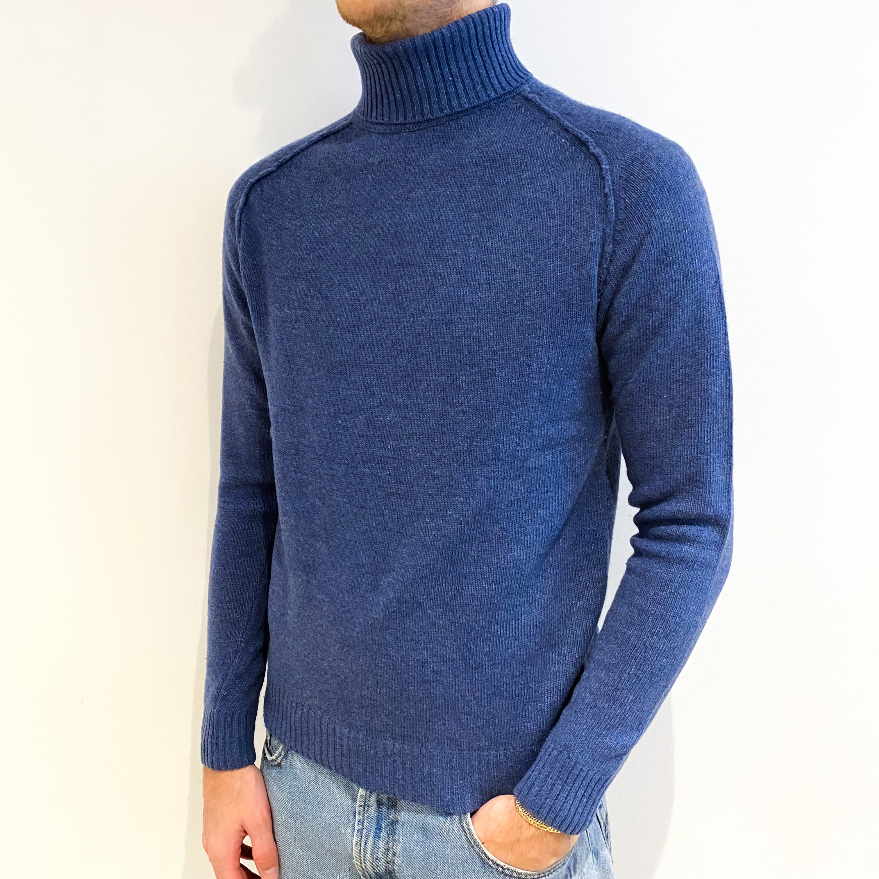 Men's Italian Denim Blue Cashmere Polo Neck Jumper Medium