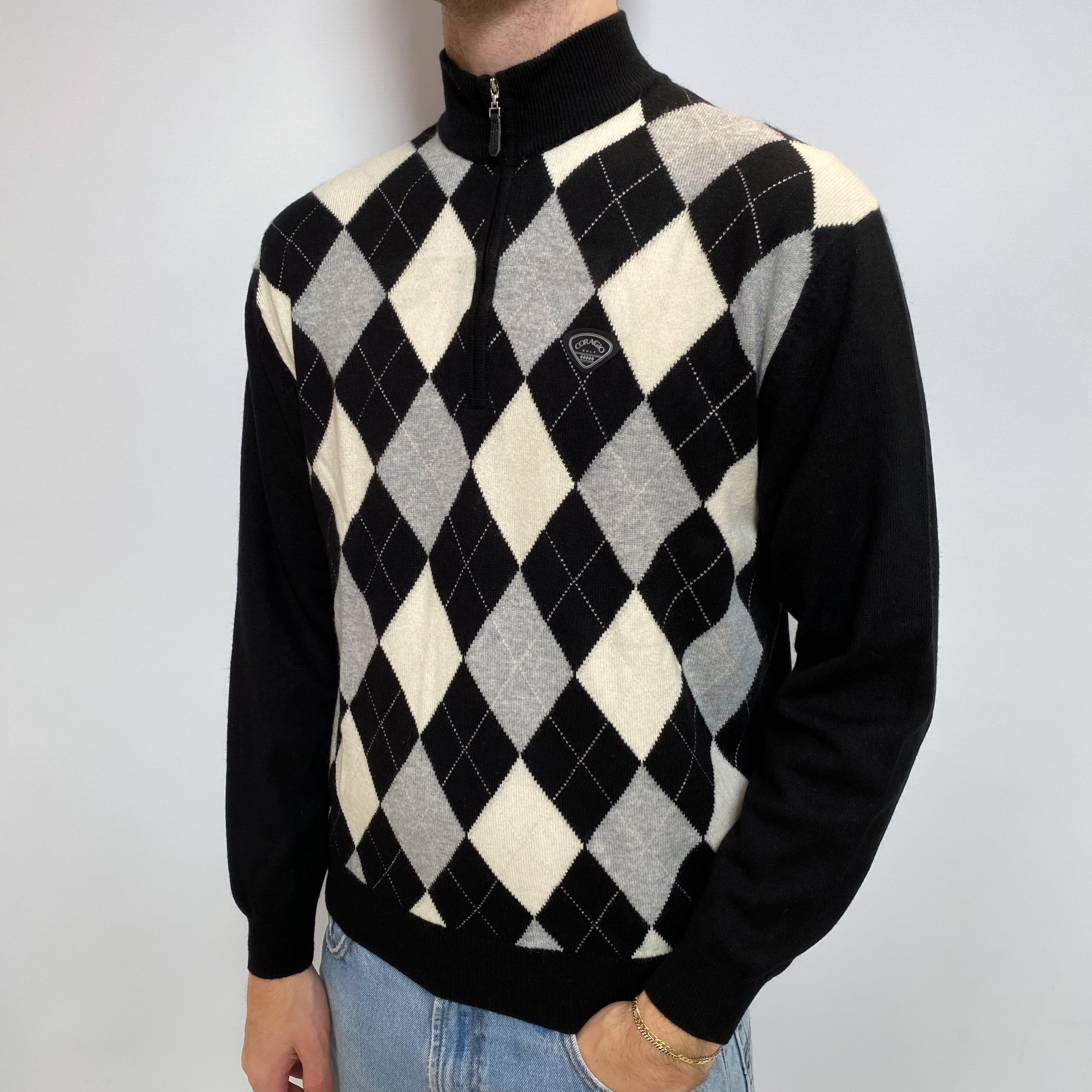 Men's Black Grey and White Argyle Front  Cashmere 1/4 Zip Jumper Large