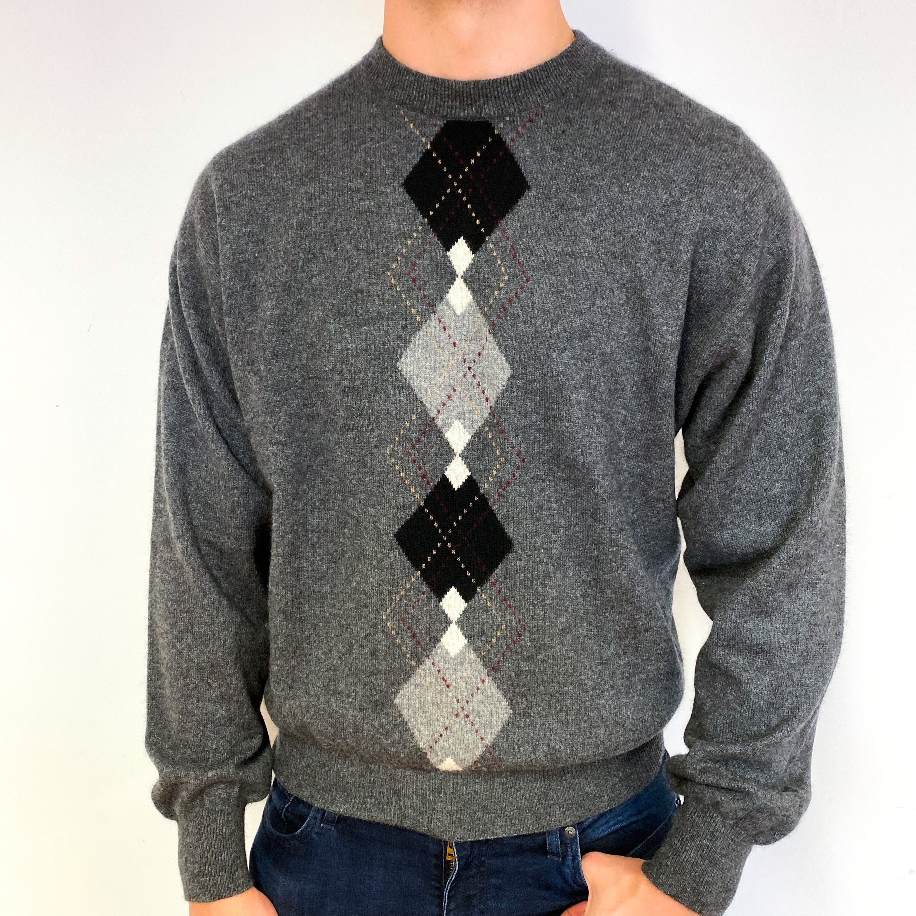 Men's Slate Grey Diamond Cashmere Crew Neck Jumper Extra Large
