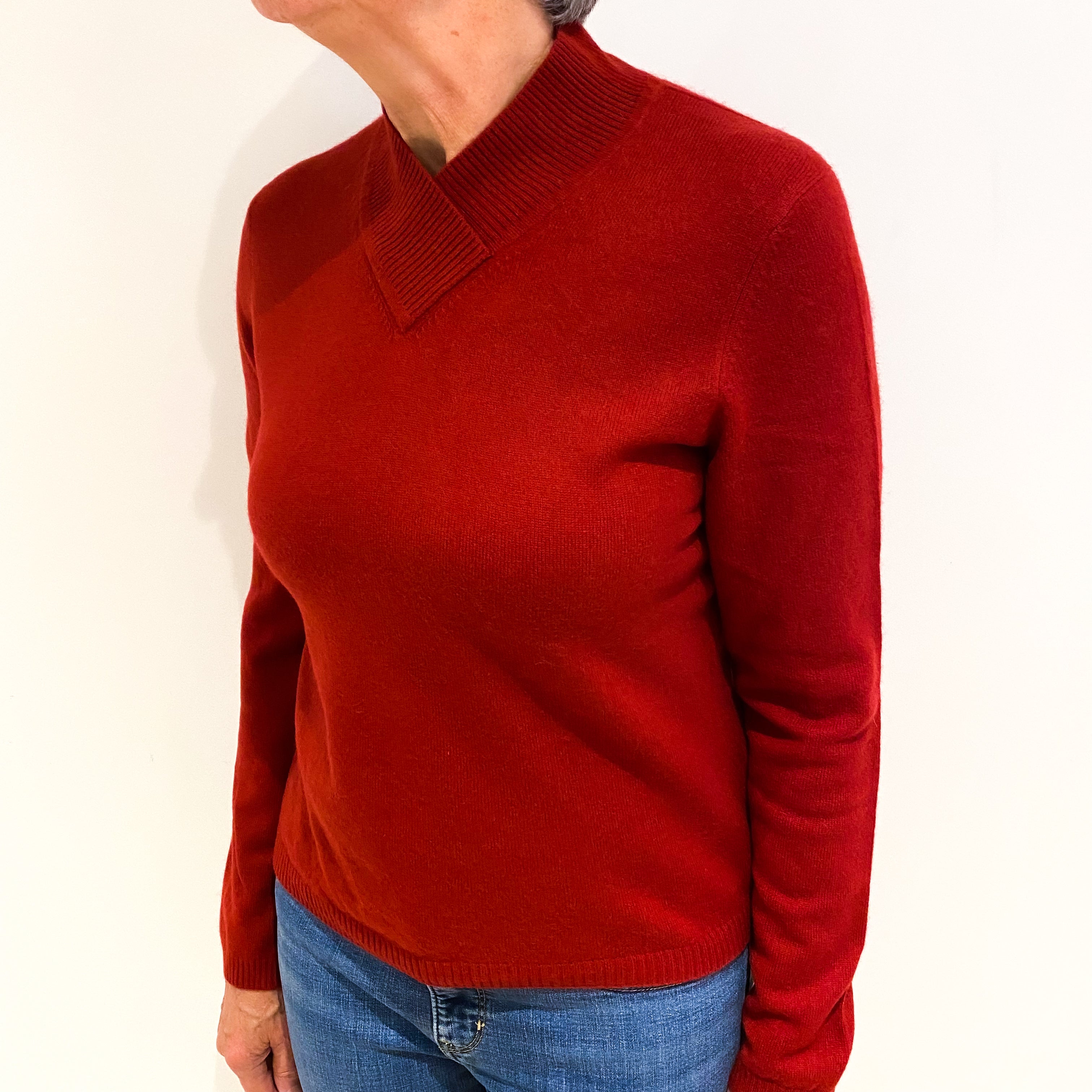 Crimson Red Cashmere Cross Over V Neck Jumper Medium