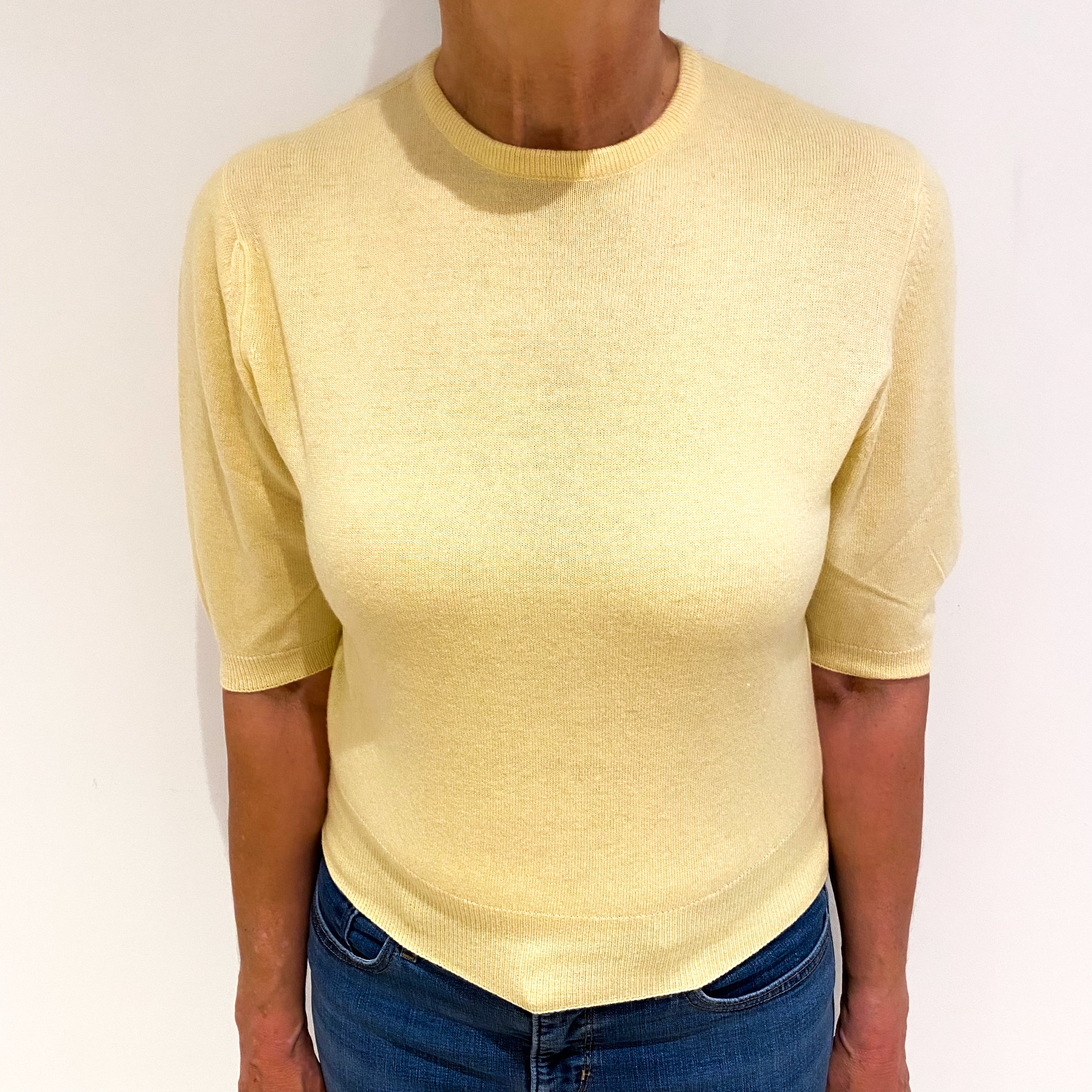 Primrose Yellow Cashmere Crew Neck Short Sleeved Jumper Medium