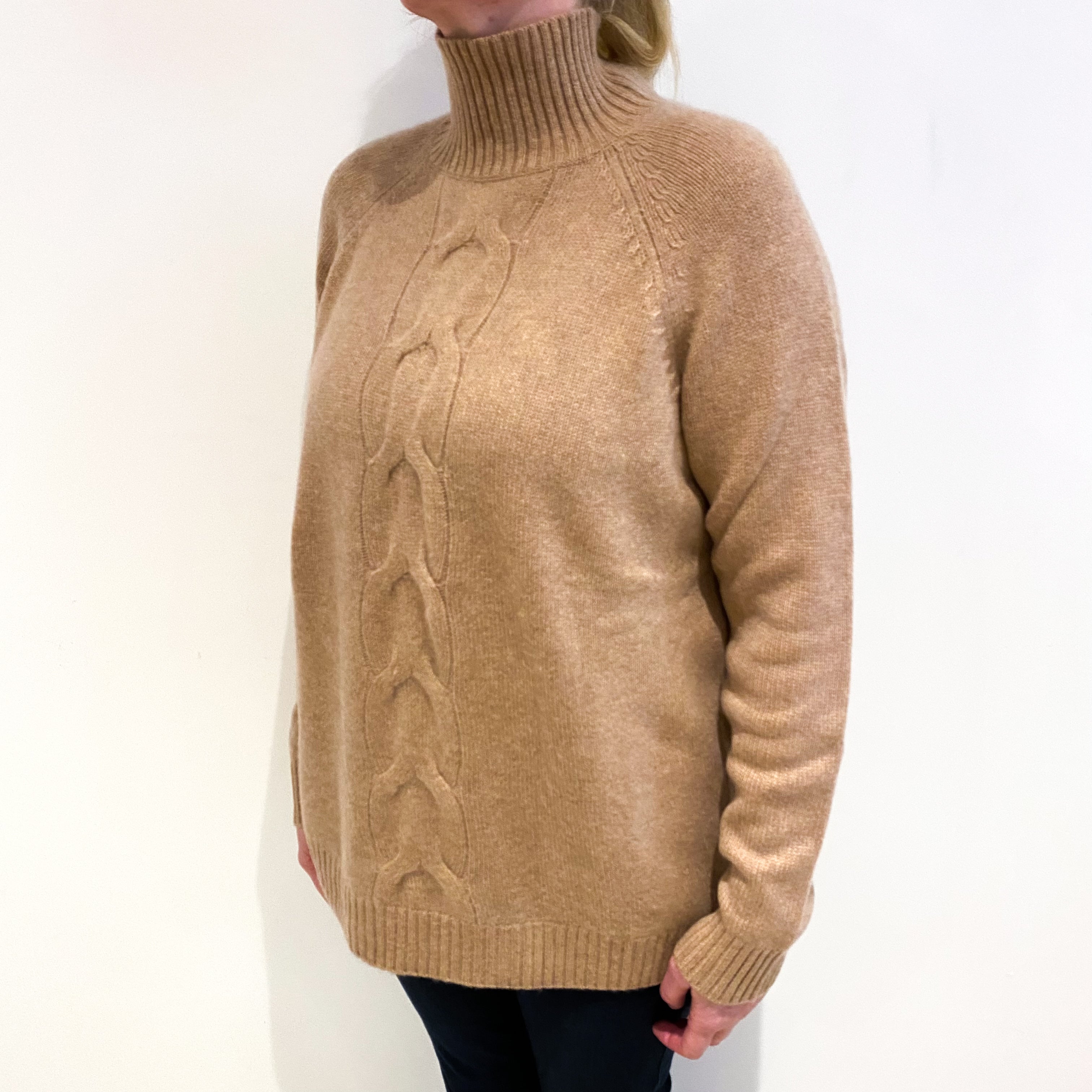 Caramel Brown Cashmere Turtle Neck Cable Knit Jumper Large