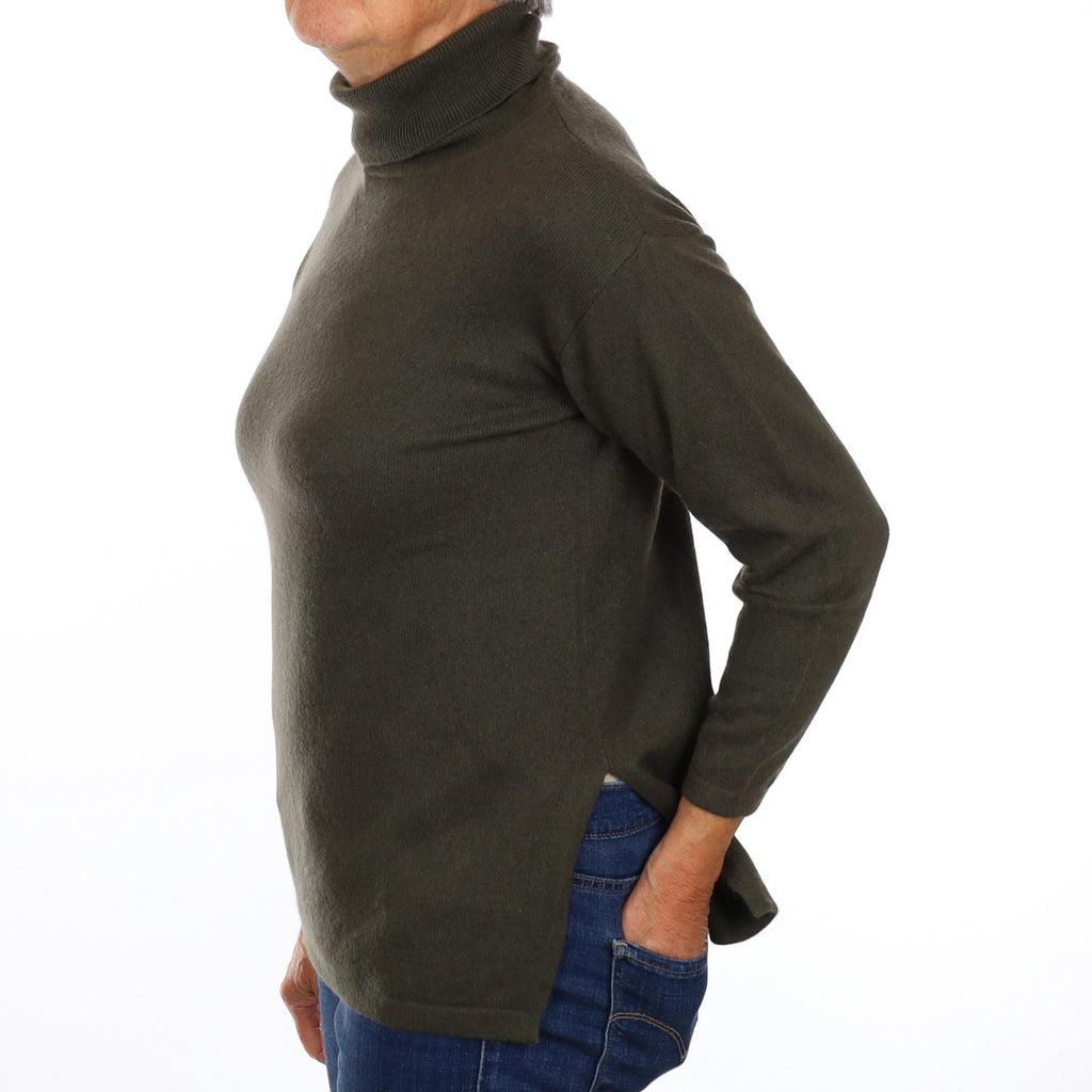 Khaki Green Cashmere Polo Neck Jumper Medium
