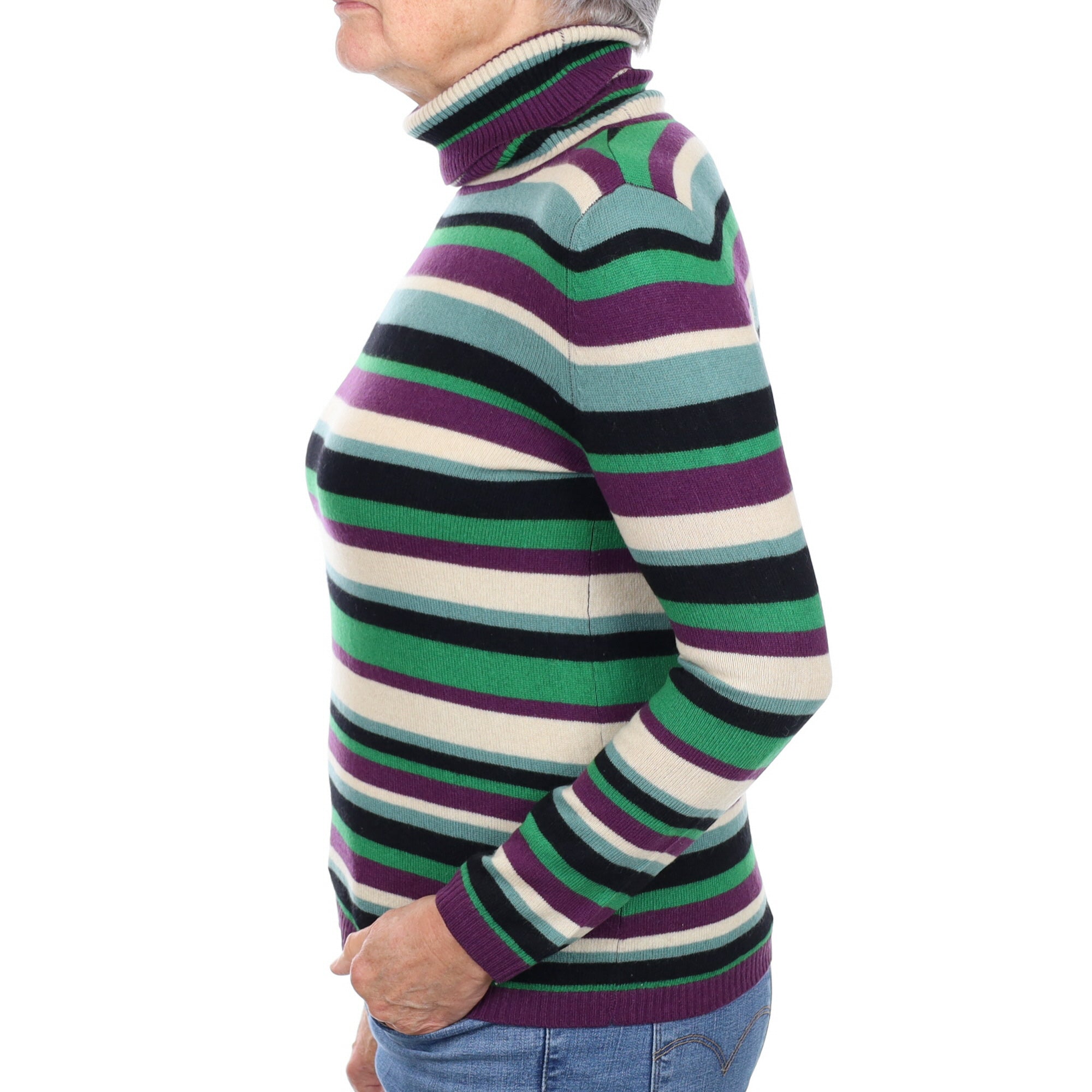 Purple and Green Striped Cashmere Polo Neck Jumper Medium